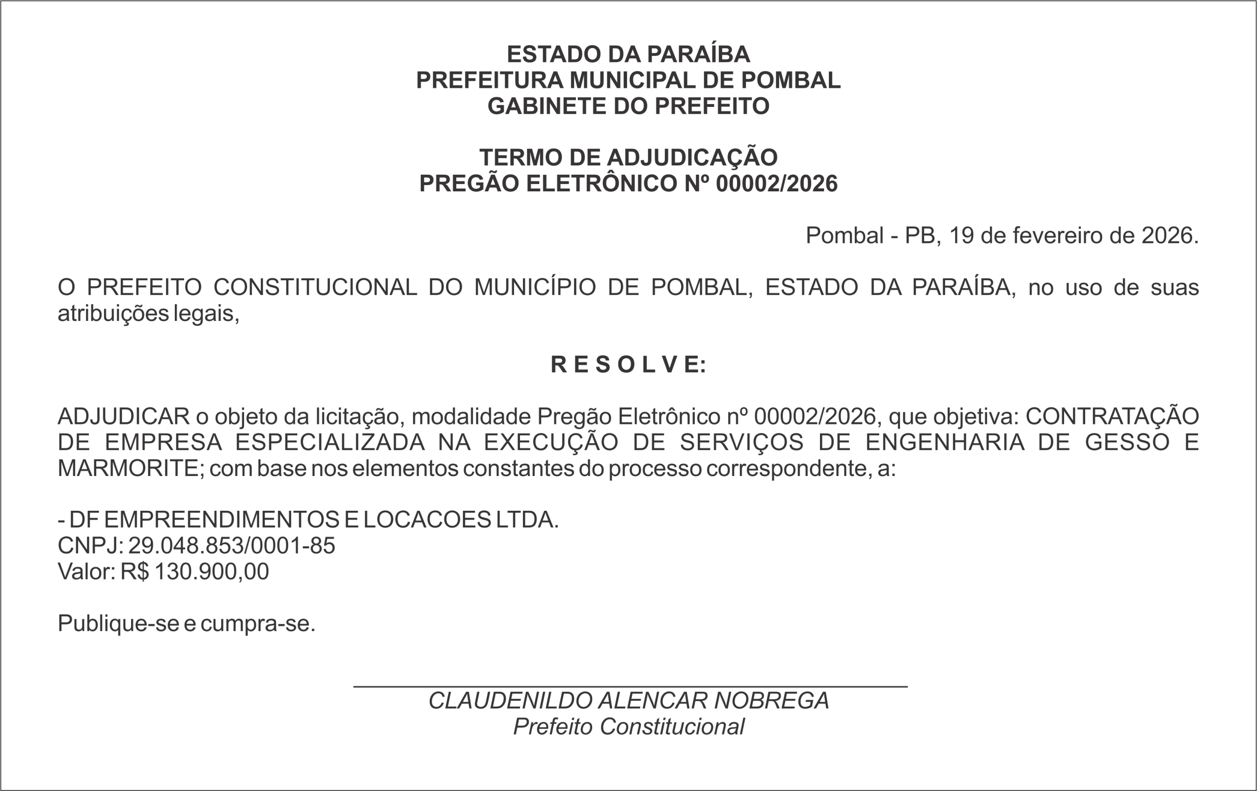 PREFEITURA MUNICIPAL DE POMBAL – TERMO DE ADJUDICAÇÃO PREGÃO ELETRÔNICO Nº 00002/2026