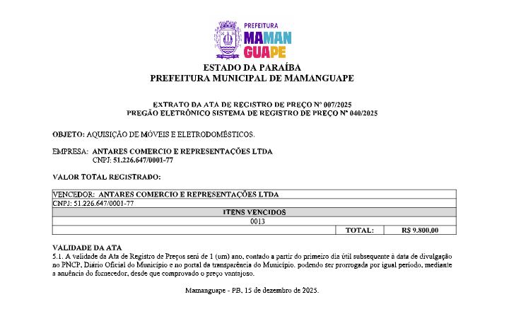 PREFEITURA MUNICIPAL DE MAMANGUAPE   – EXTRATO DA ATA DE REGISTRO DE PREÇO Nº 007/2025