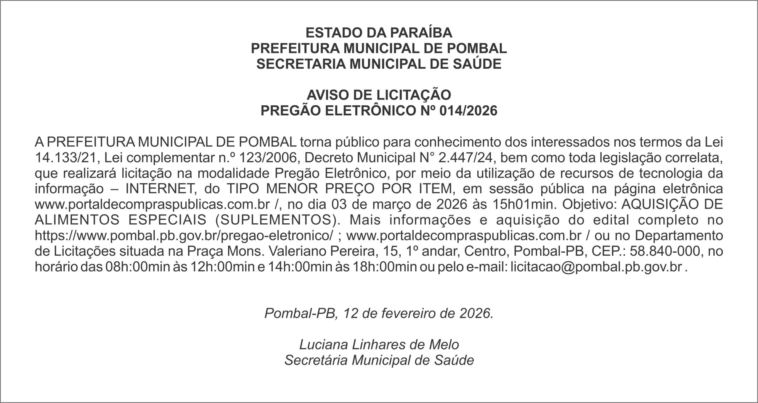 PREFEITURA MUNICIPAL DE POMBAL – AVISO DE LICITAÇÃO – PREGÃO ELETRÔNICO Nº 014/2026