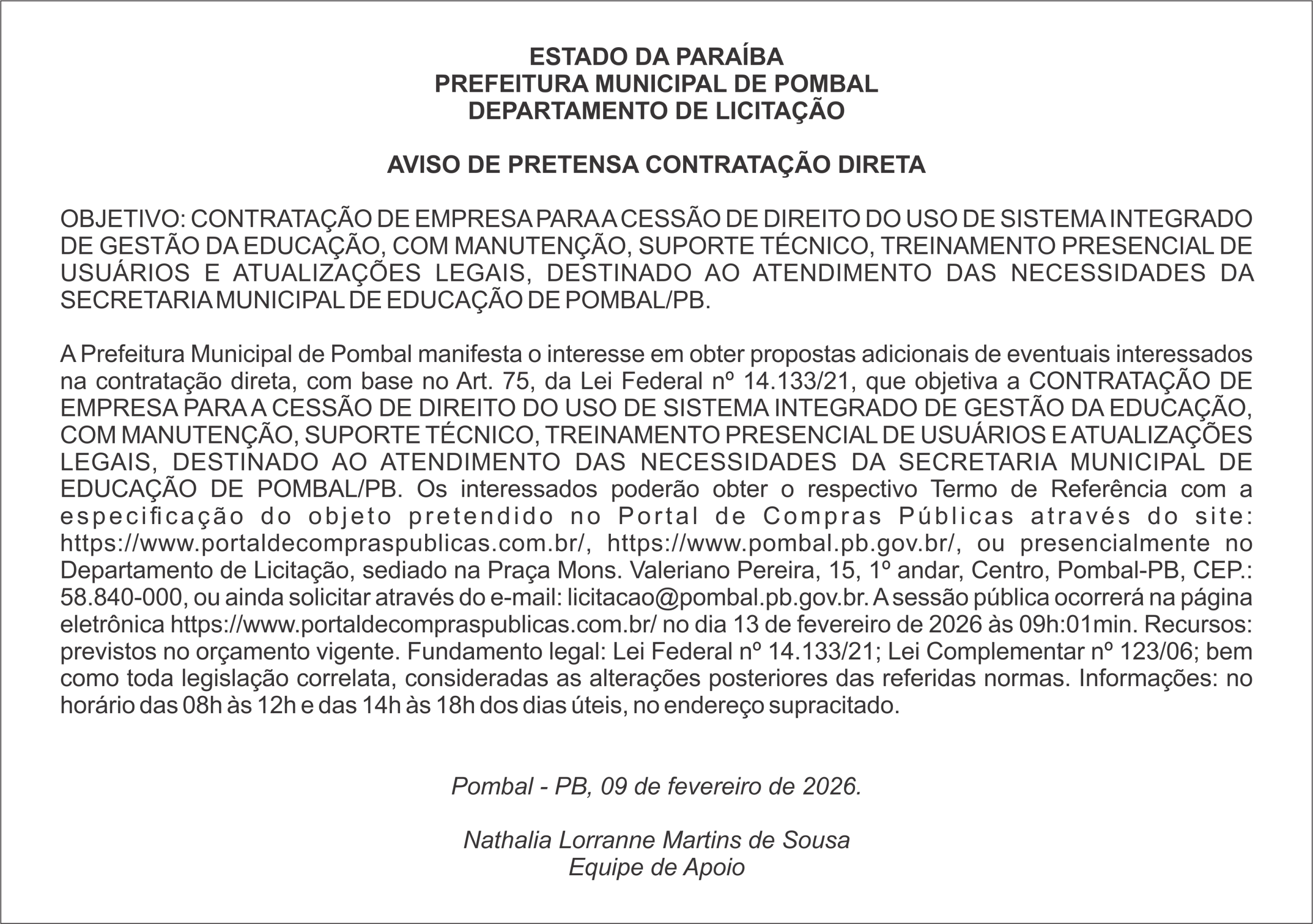 PREFEITURA MUNICIPAL DE POMBAL  – AVISO DE PRETENSA – CONTRATAÇÃO DIRETA