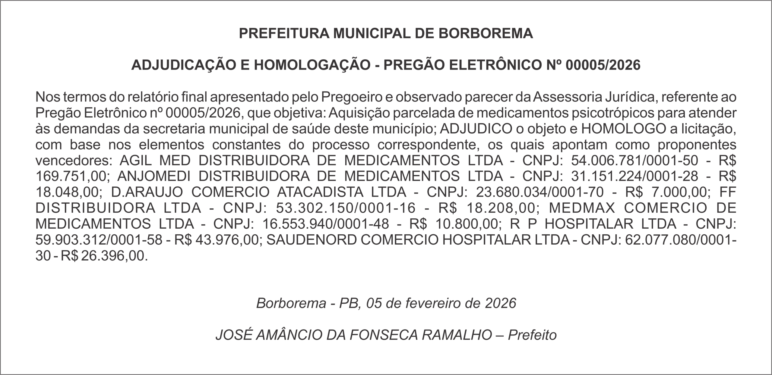 PREFEITURA MUNICIPAL DE BORBOREMA – ADJUDICAÇÃO E HOMOLOGAÇÃO – PREGÃO ELETRÔNICO Nº 00005/2026