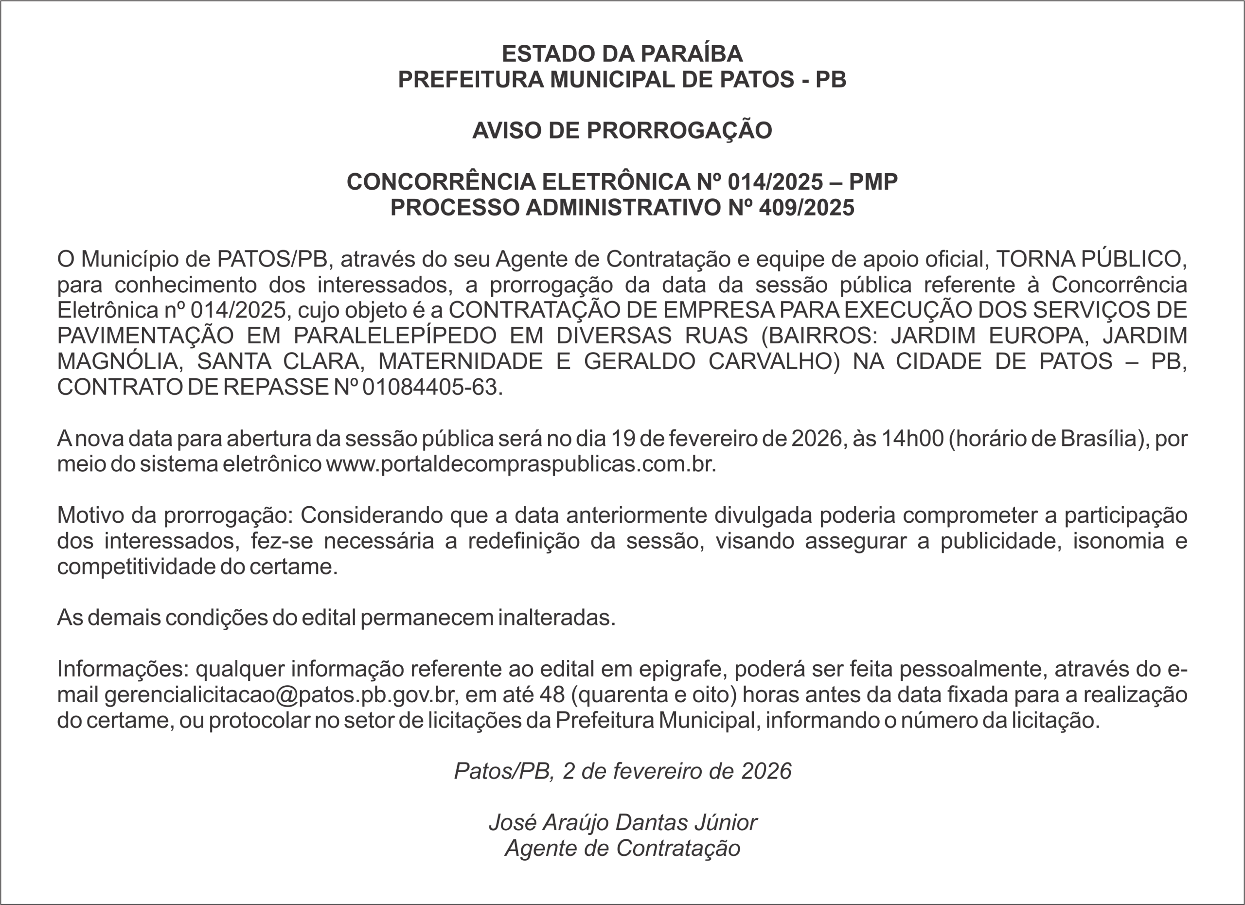 PREFEITURA MUNICIPAL DE PATOS – PB – CONCORRÊNCIA ELETRÔNICA Nº 014/2025 – PMP