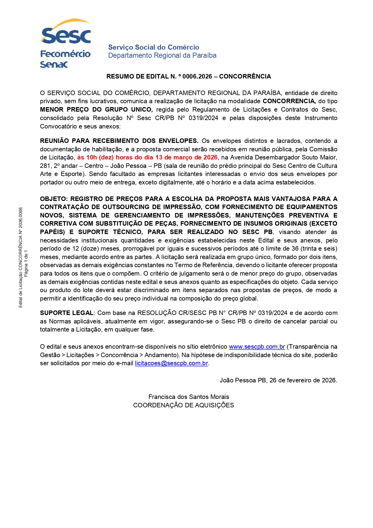 SESC – RESUMO DE EDITAL N. º 0006.2026 – CONCORRÊNCIA