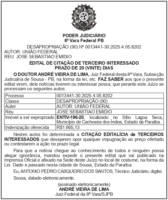 SECRETARIA NACIONAL DE SEGURANÇA HIDRICA – SNSH – MDR – DF – BRASÍLIA –  Edital de Citação de Terceiro Interessado – ENTIV-196-20 JOSÉ SEBASTIÃO EMÍDIO)