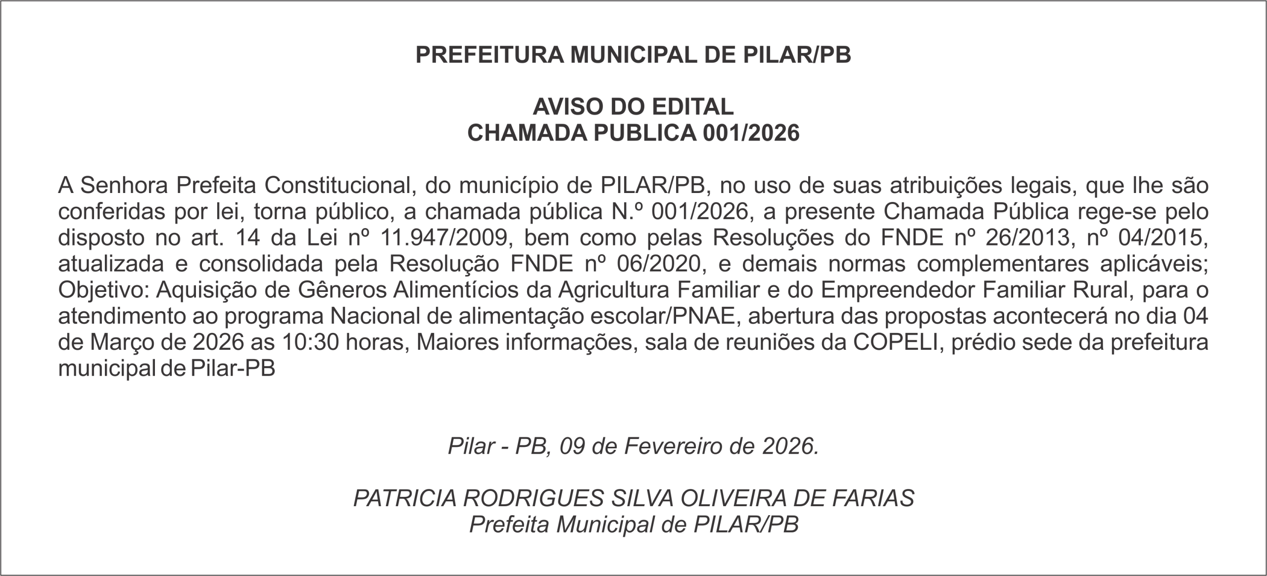 PREFEITURA MUNICIPAL DE PILAR/PB – AVISO DO EDITAL – CHAMADA PUBLICA 001/2026