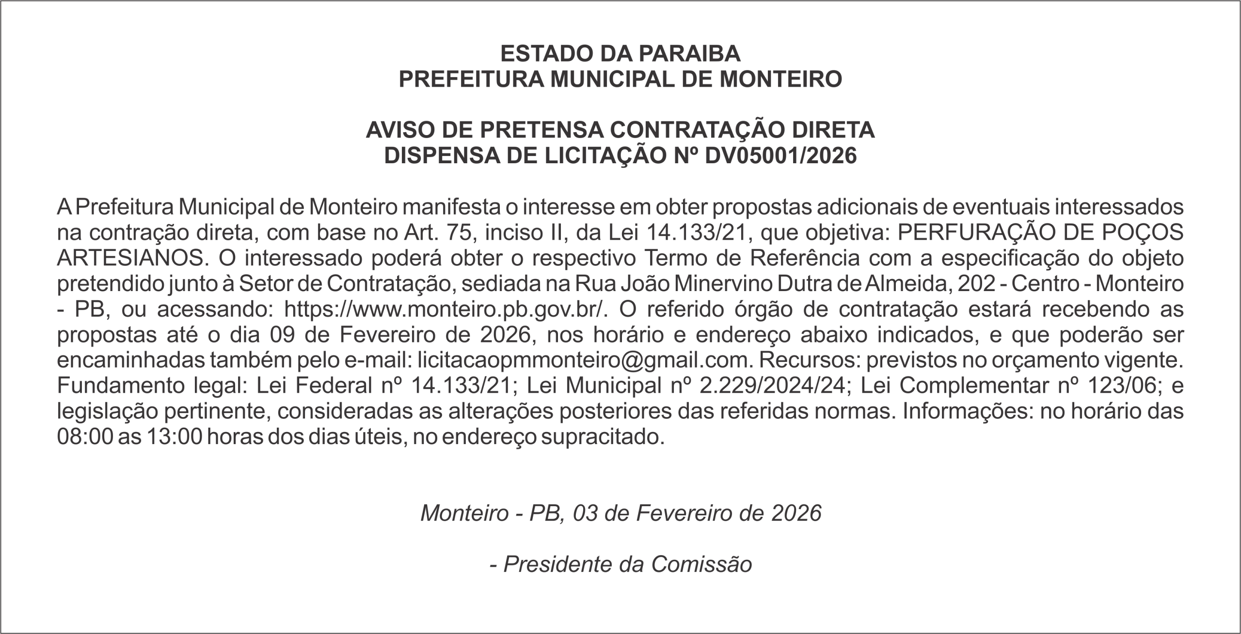 PREFEITURA MUNICIPAL DE MONTEIRO – AVISO DE PRETENSA CONTRATAÇÃO DIRETA – DISPENSA DE LICITAÇÃO Nº DV05001/2026