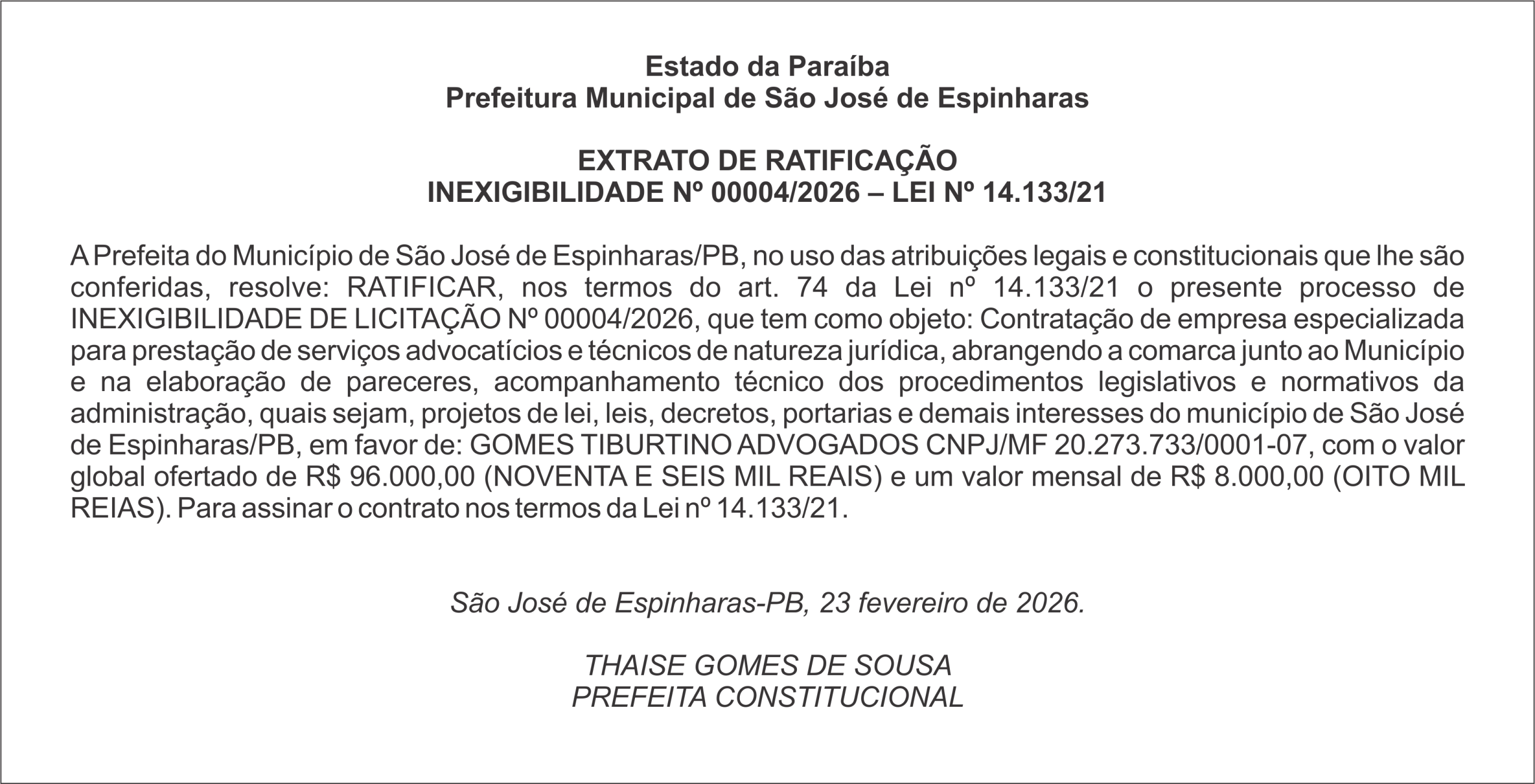 PREFEITURA DE SÃO JOSÉ DE ESPINHARAS – EXTRATO DE RATIFICAÇÃO INEXIGIBILIDADE Nº 00004/2026