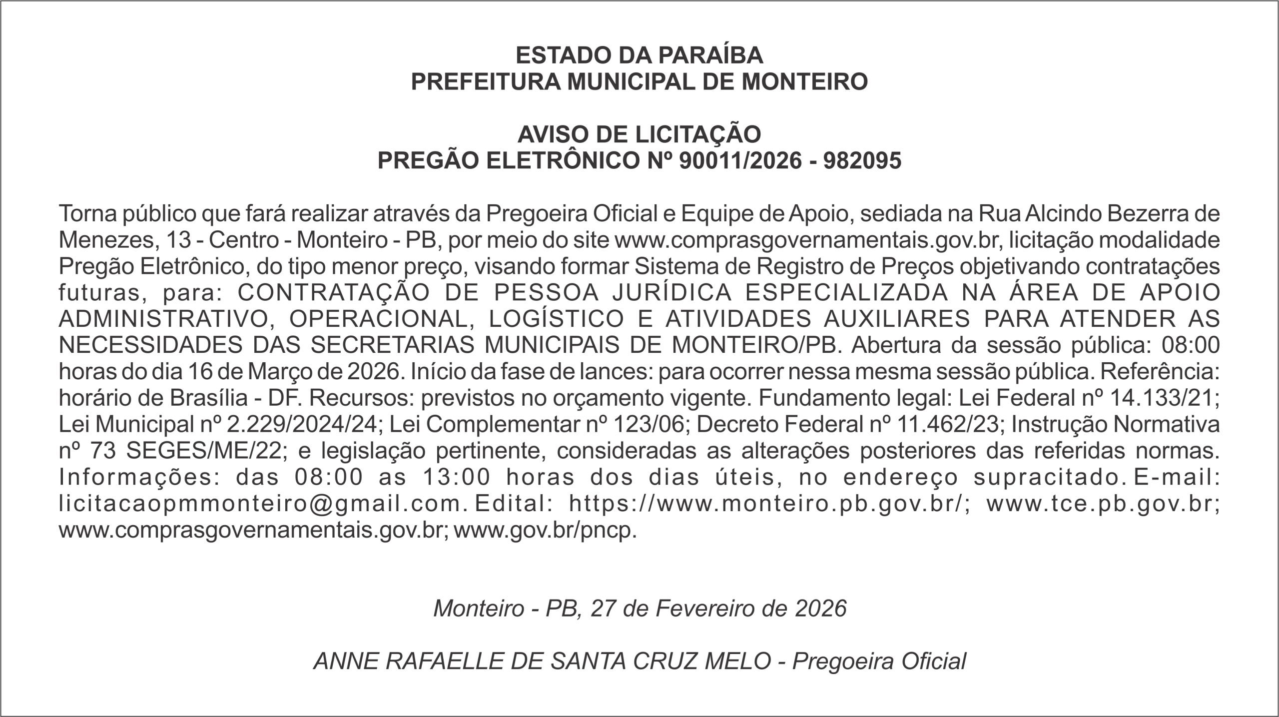 PREFEITURA MUNICIPAL DE MONTEIRO – AVISO DE LICITAÇÃO – PREGÃO ELETRÔNICO Nº 90011/2026 – 982095