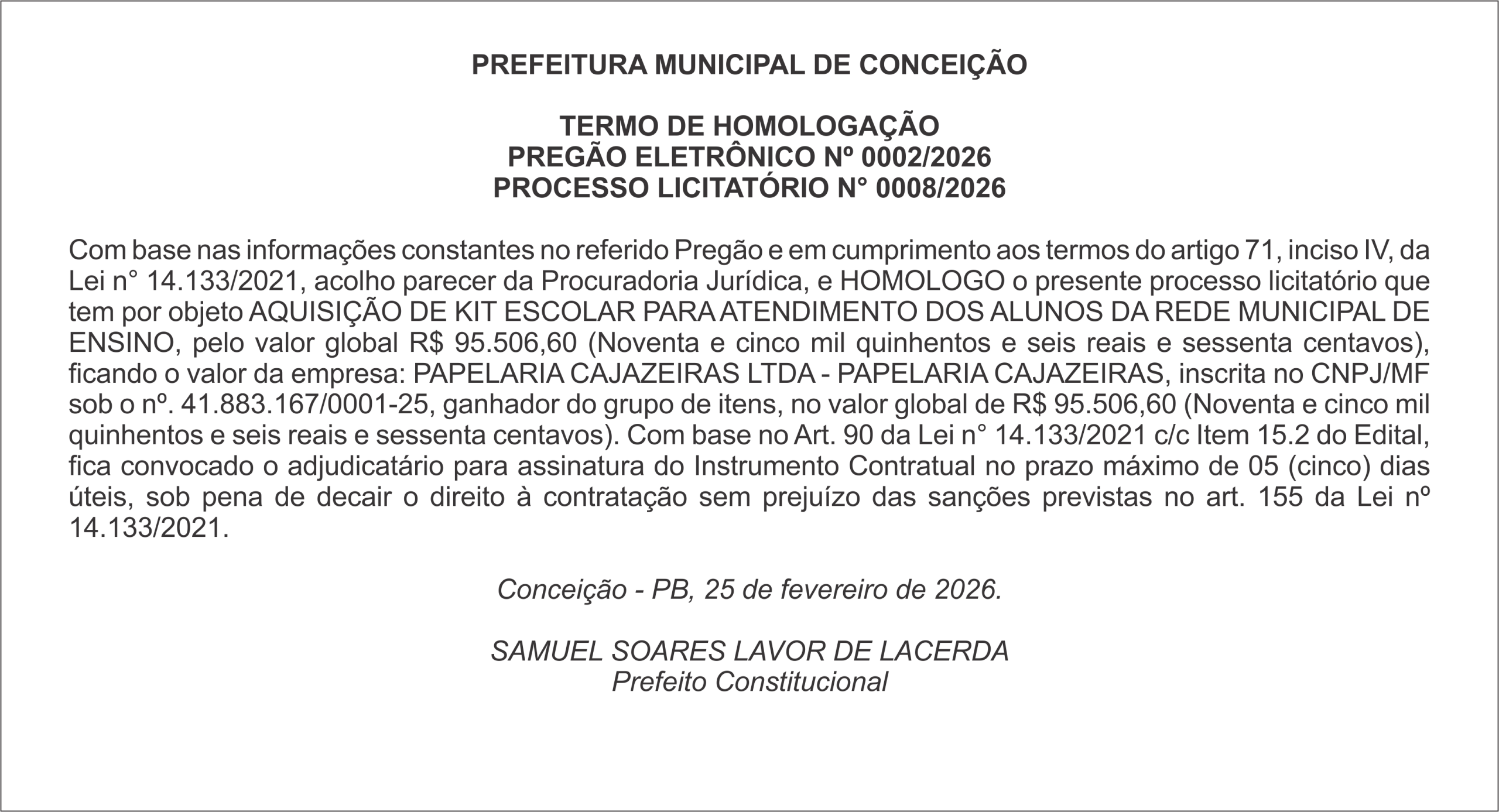 PREFEITURA DE CONCEIÇÃO – TERMO DE HOMOLOGAÇÃO – PREGÃO ELETRÔNICO Nº 0002/2026