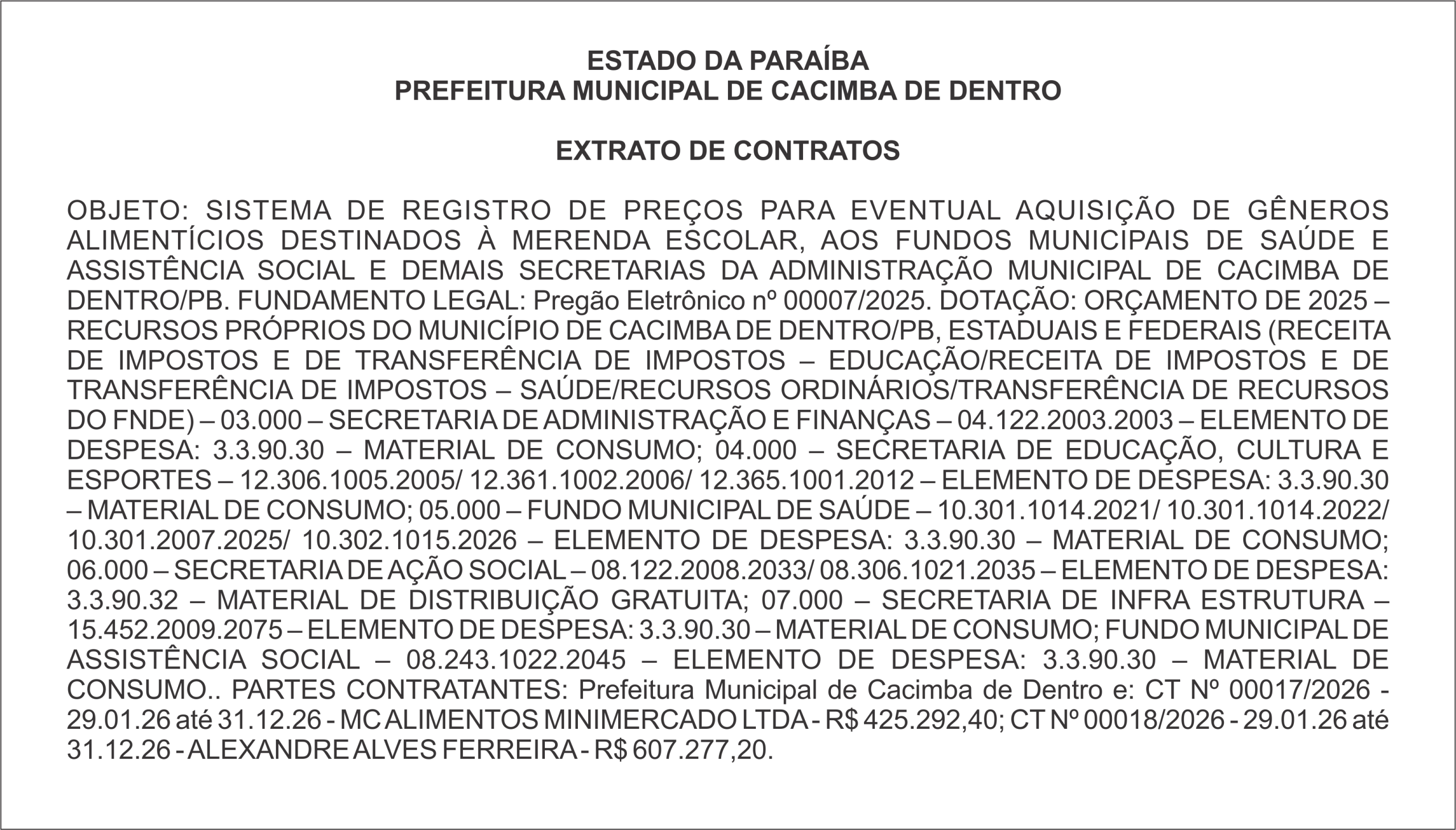PREFEITURA MUNICIPAL DE CACIMBA DE DENTRO – EXTRATO DE CONTRATOS