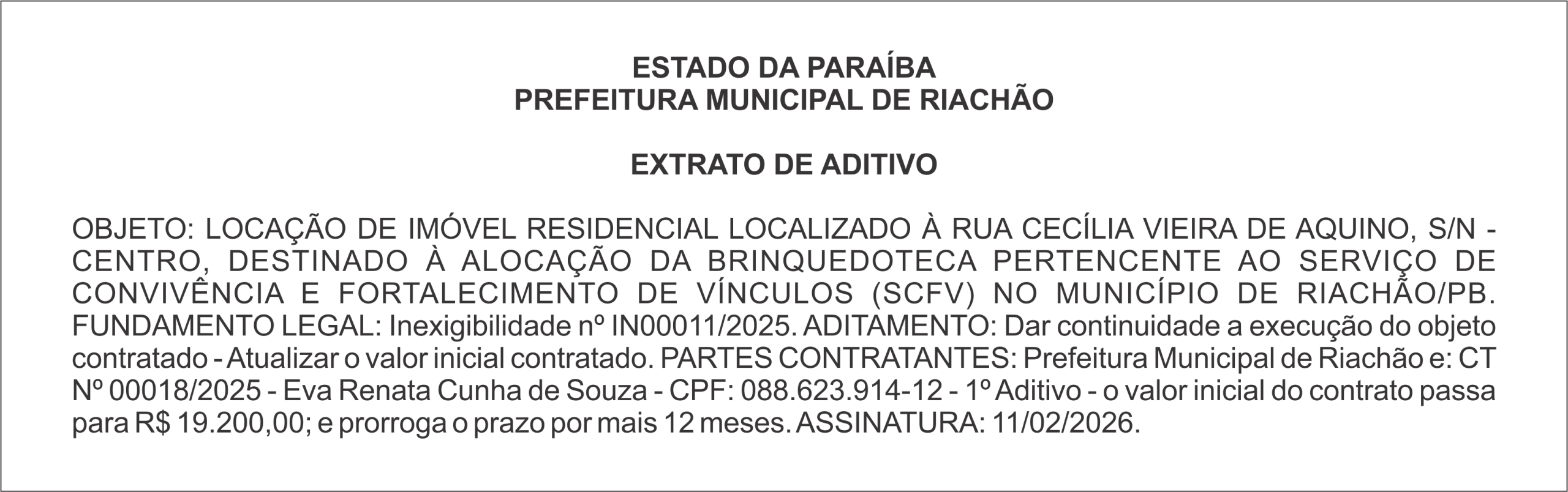 PREFEITURA MUNICIPAL DE RIACHÃO – EXTRATO DE ADITIVO