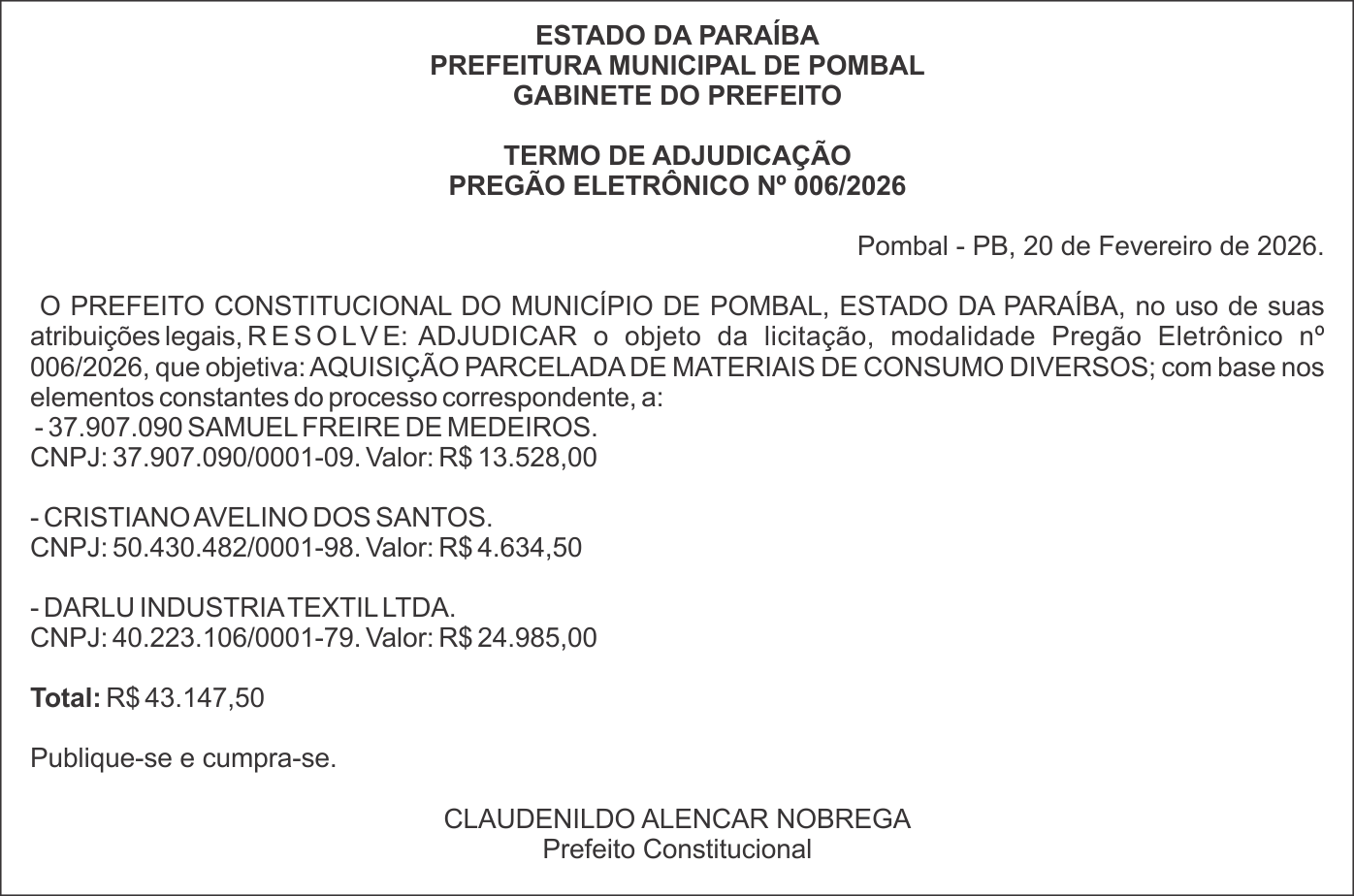 PREFEITURA MUNICIPAL DE POMBAL – TERMO DE ADJUDICAÇÃO – PREGÃO ELETRÔNICO Nº 006/2026