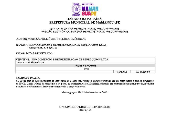 PREFEITURA MUNICIPAL DE MAMANGUAPE – EXTRATO DA ATA DE REGISTRO DE PREÇO Nº 011/2025
