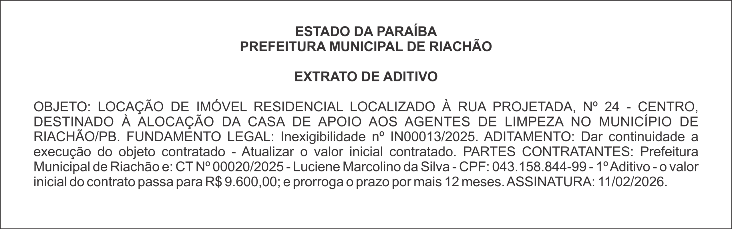 PREFEITURA MUNICIPAL DE RIACHÃO – EXTRATO DE ADITIVO