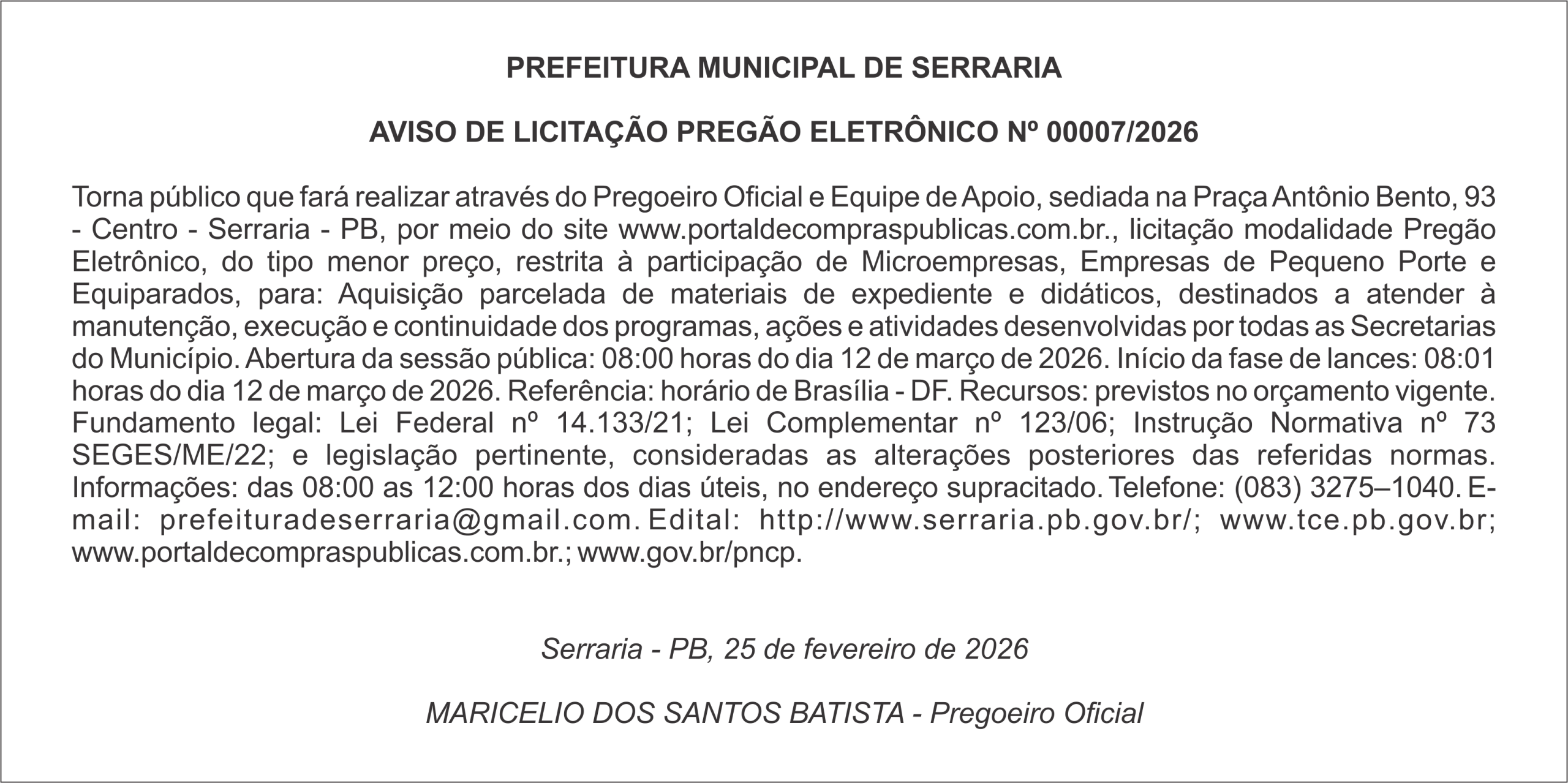 PREFEITURA MUNICIPAL DE SERRARIA – AVISO DE LICITAÇÃO – PREGÃO ELETRÔNICO Nº 00007/2026
