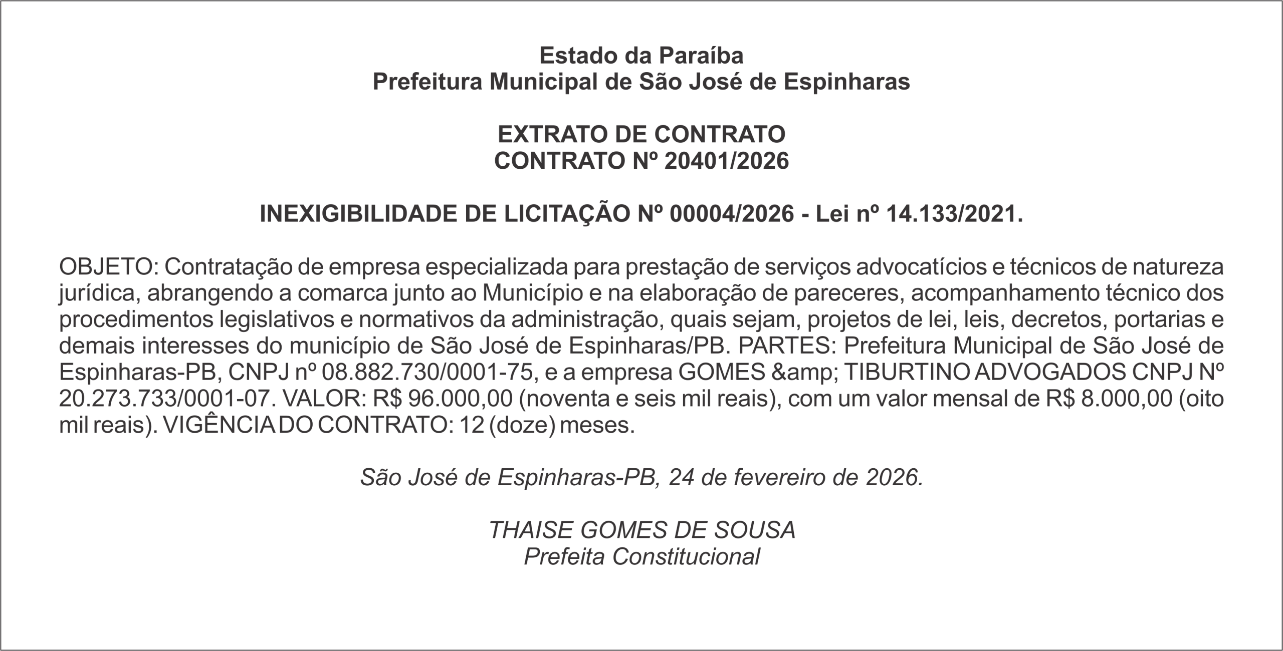 PREFEITURA DE SÃO JOSÉ DE ESPINHARAS – EXTRATO DE CONTRATO