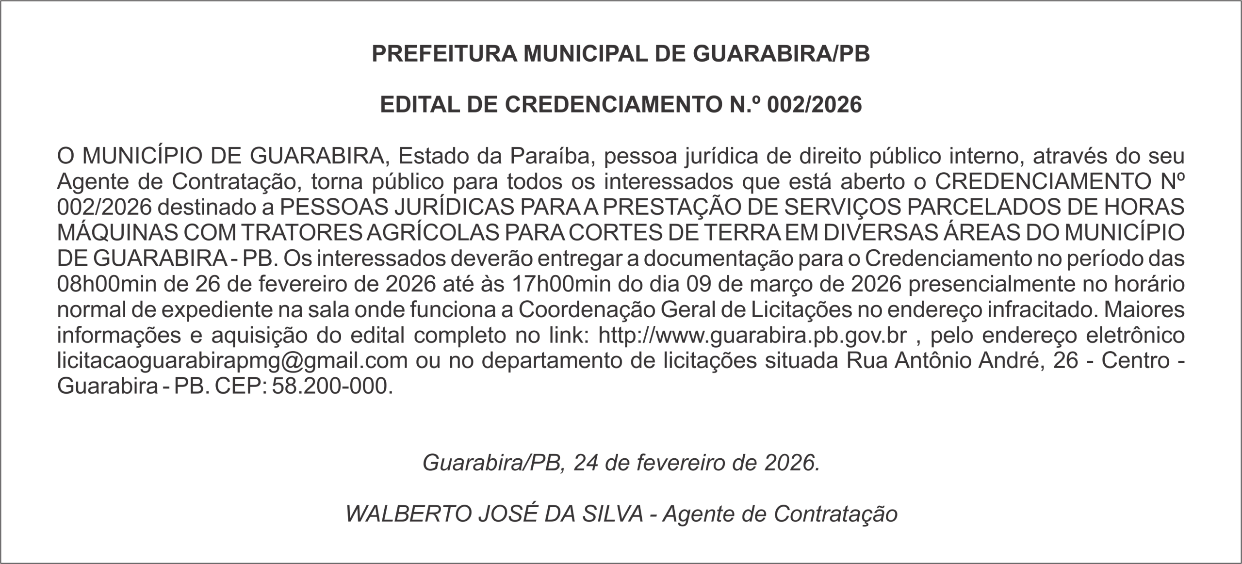PREFEITURA MUNICIPAL DE GUARABIRA/PB EDITAL DE CREDENCIAMENTO N.º 002/2026
