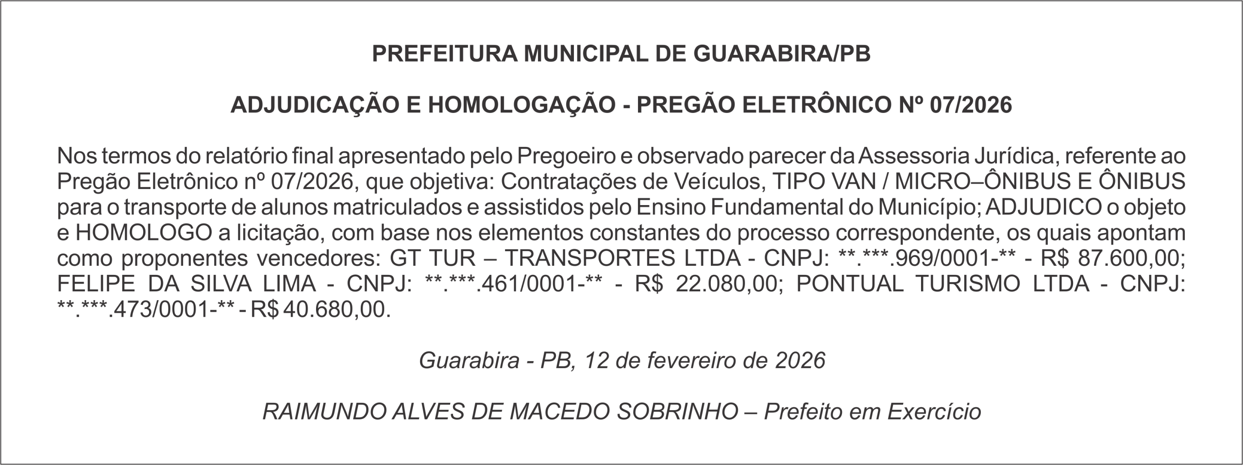 PREFEITURA MUNICIPAL DE GUARABIRA/PB – ADJUDICAÇÃO E HOMOLOGAÇÃO – PREGÃO ELETRÔNICO Nº 07/2026
