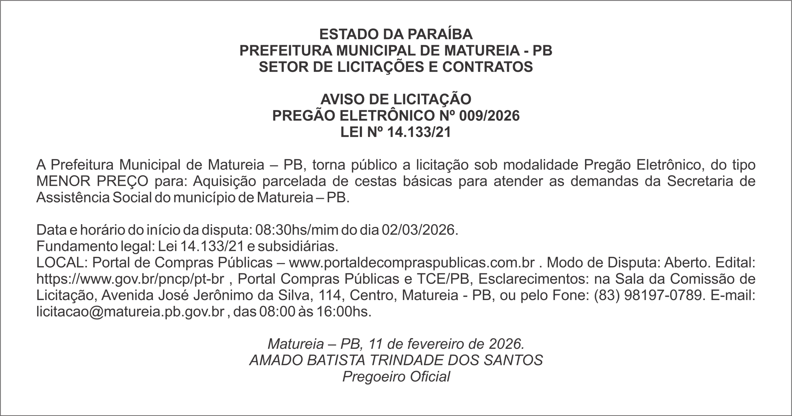 PREFEITURA MUNICIPAL DE MATUREIA – PB –  AVISO DE LICITAÇÃO – PREGÃO ELETRÔNICO Nº 009/2026