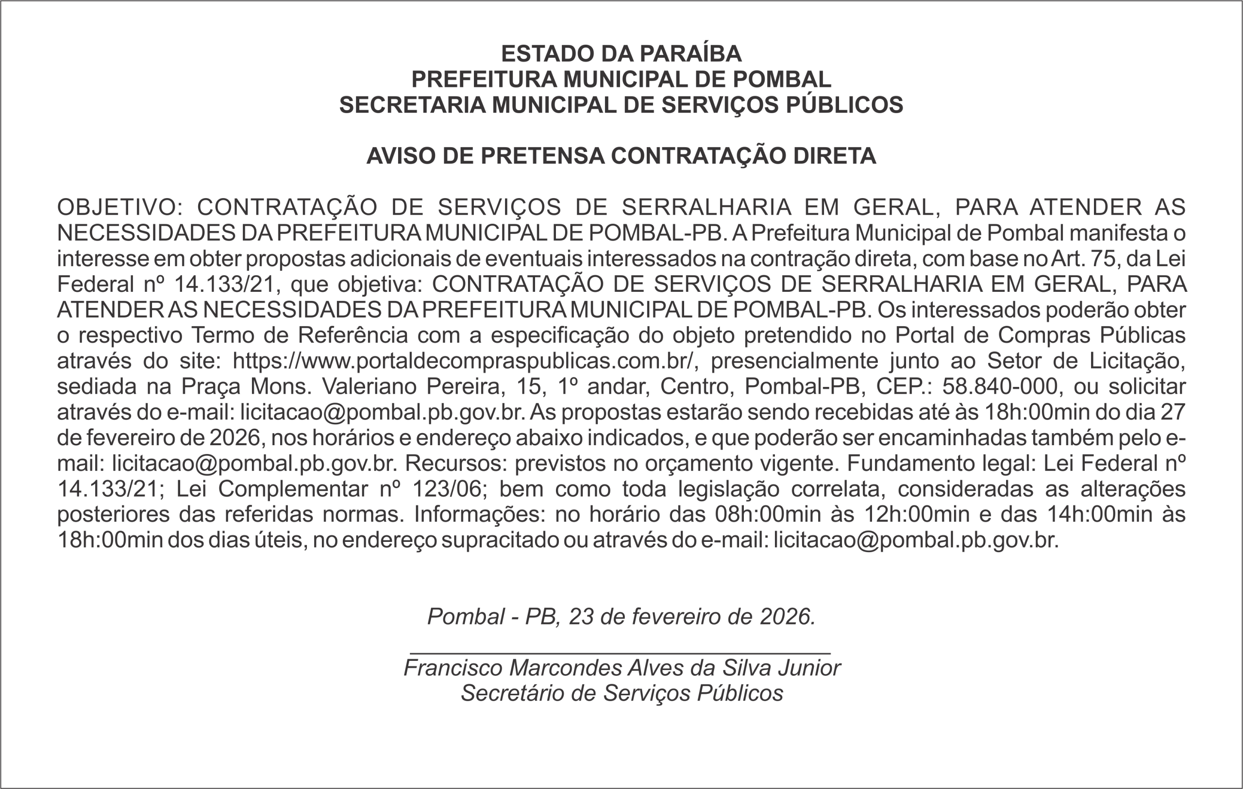 PREFEITURA MUNICIPAL DE POMBAL – AVISO DE PRETENSA CONTRATAÇÃO DIRETA
