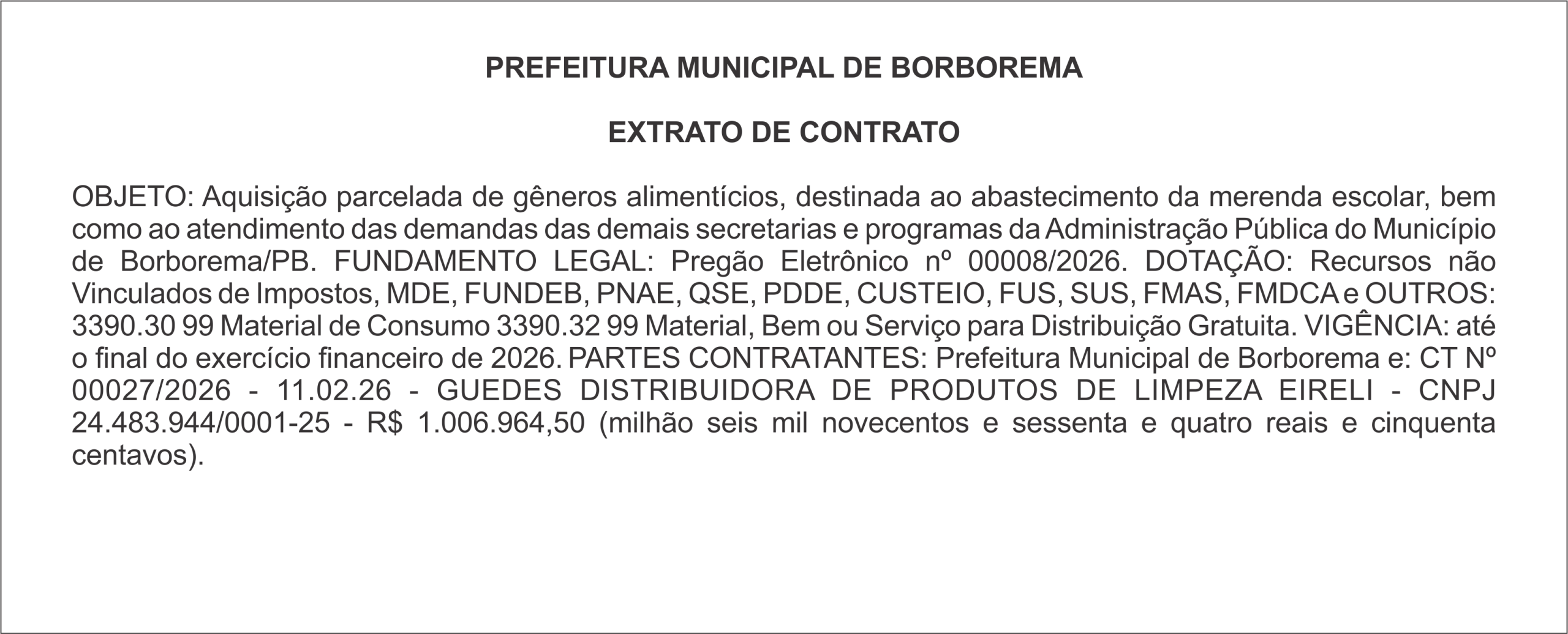 PREFEITURA MUNICIPAL DE BORBOREMA – EXTRATO DE CONTRATO