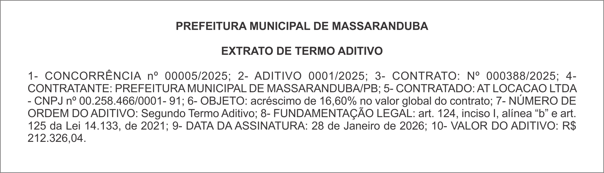PREFEITURA DE MASSARANDUBA – EXTRATO DE TERMO ADITIVO