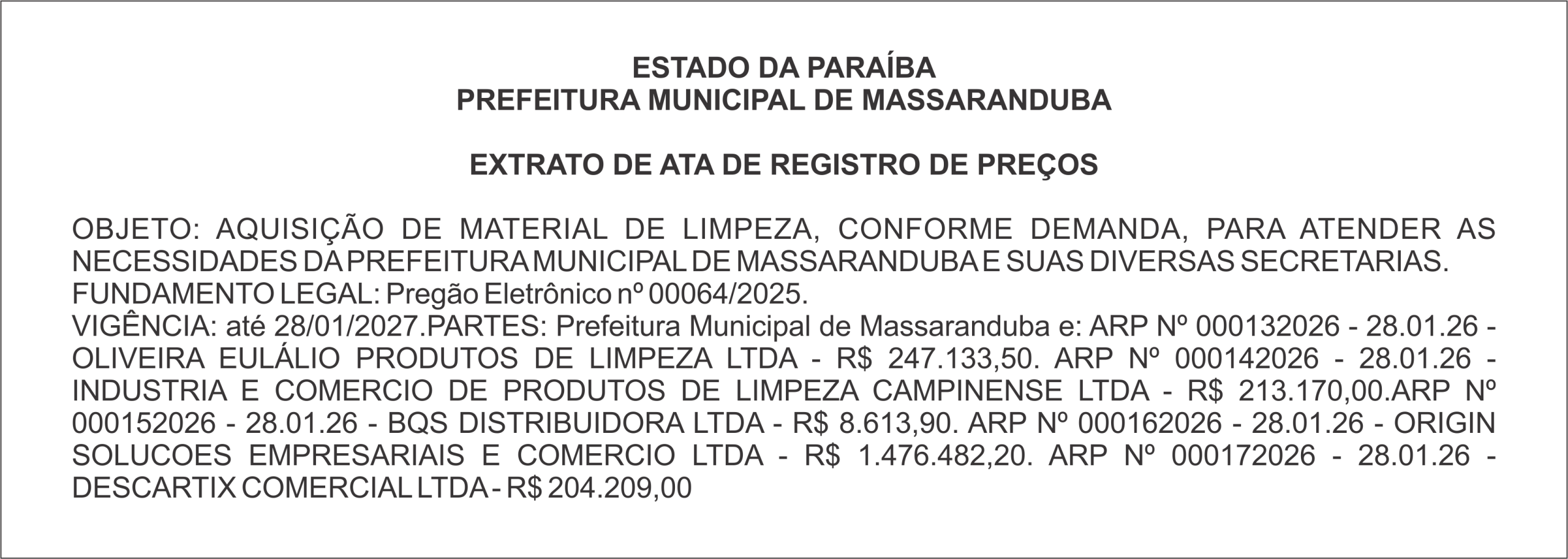 PREFEITURA MUNICIPAL DE MASSARANDUBA – EXTRATO DE ATA DE REGISTRO DE PREÇOS