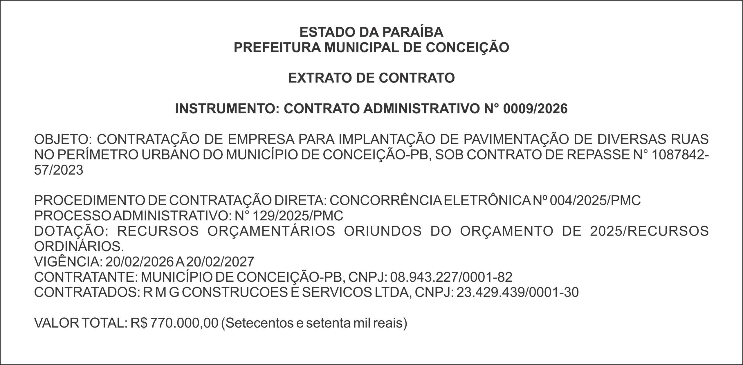 PREFEITURA MUNICIPAL DE CONCEIÇÃO  – EXTRATO DE CONTRATO