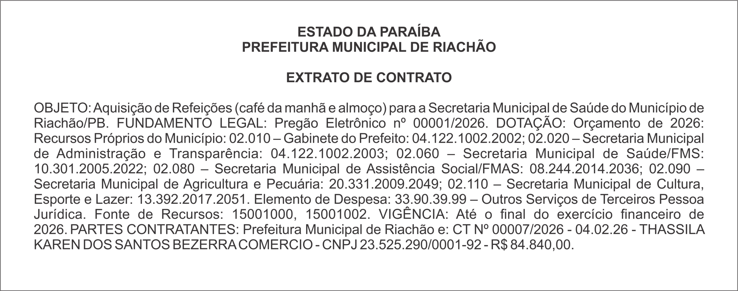 PREFEITURA MUNICIPAL DE RIACHÃO – EXTRATO DE CONTRATO