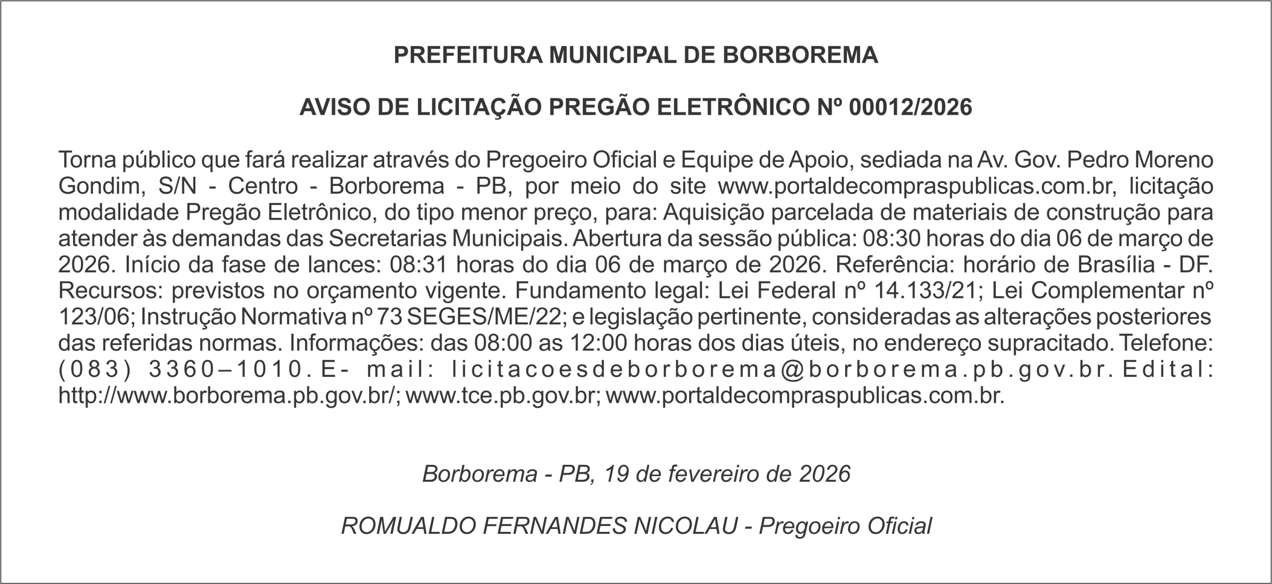 PREFEITURA MUNICIPAL DE BORBOREMA – AVISO DE LICITAÇÃO – PREGÃO ELETRÔNICO Nº 00012/2026