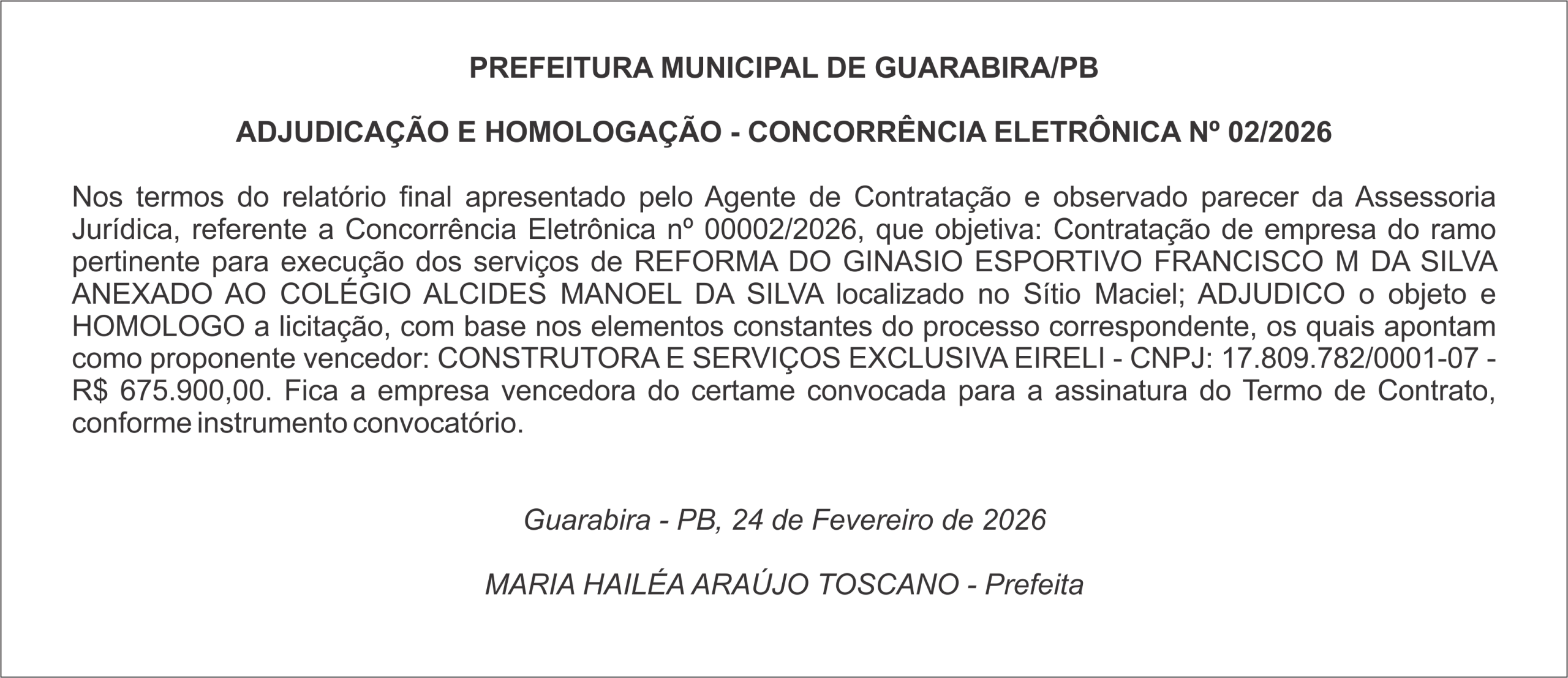 PREFEITURA MUNICIPAL DE GUARABIRA/PB – ADJUDICAÇÃO E HOMOLOGAÇÃO – CONCORRÊNCIA ELETRÔNICA Nº 02/2026