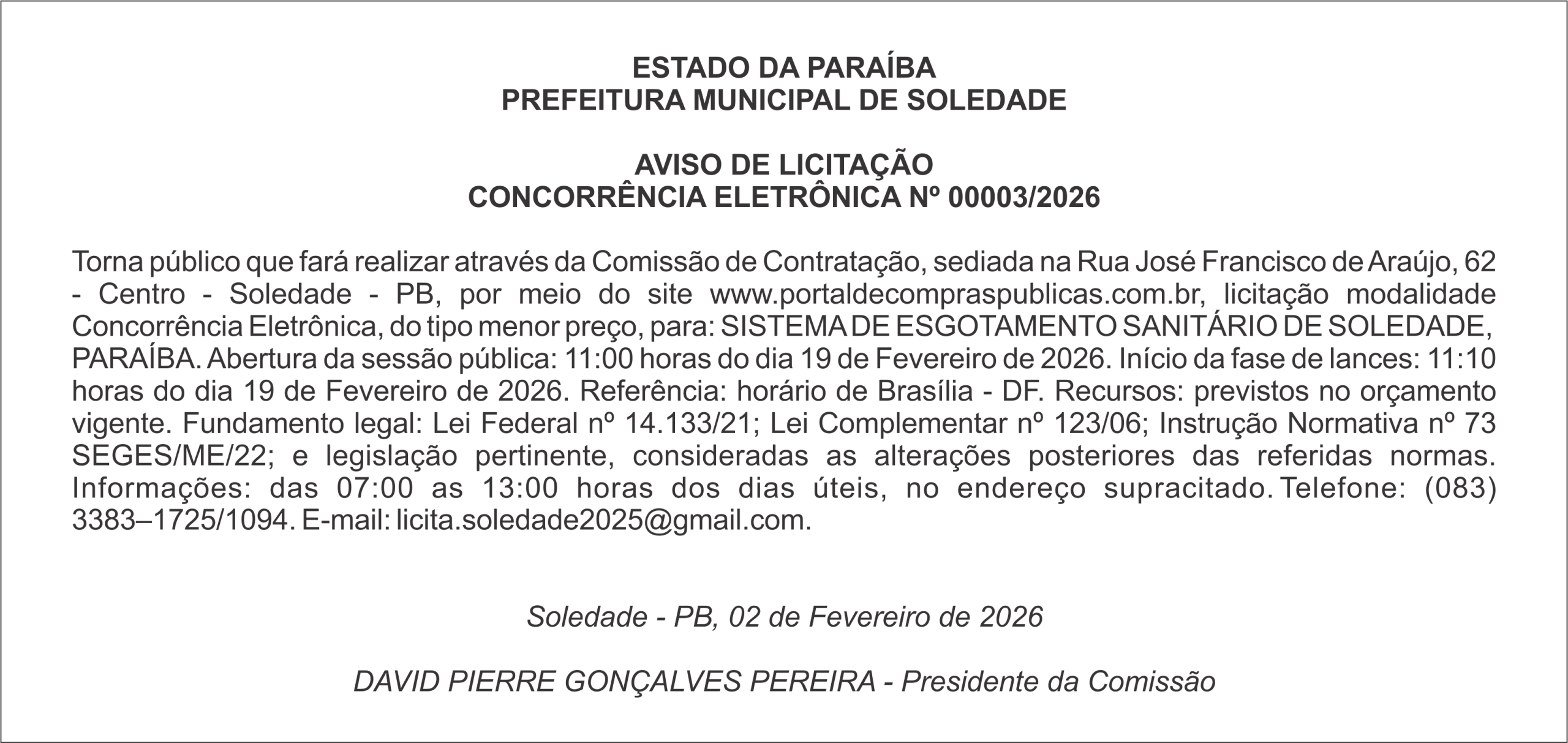 PREFEITURA MUNICIPAL DE SOLEDADE – AVISO DE LICITAÇÃO – CONCORRÊNCIA ELETRÔNICA Nº 00003/2026