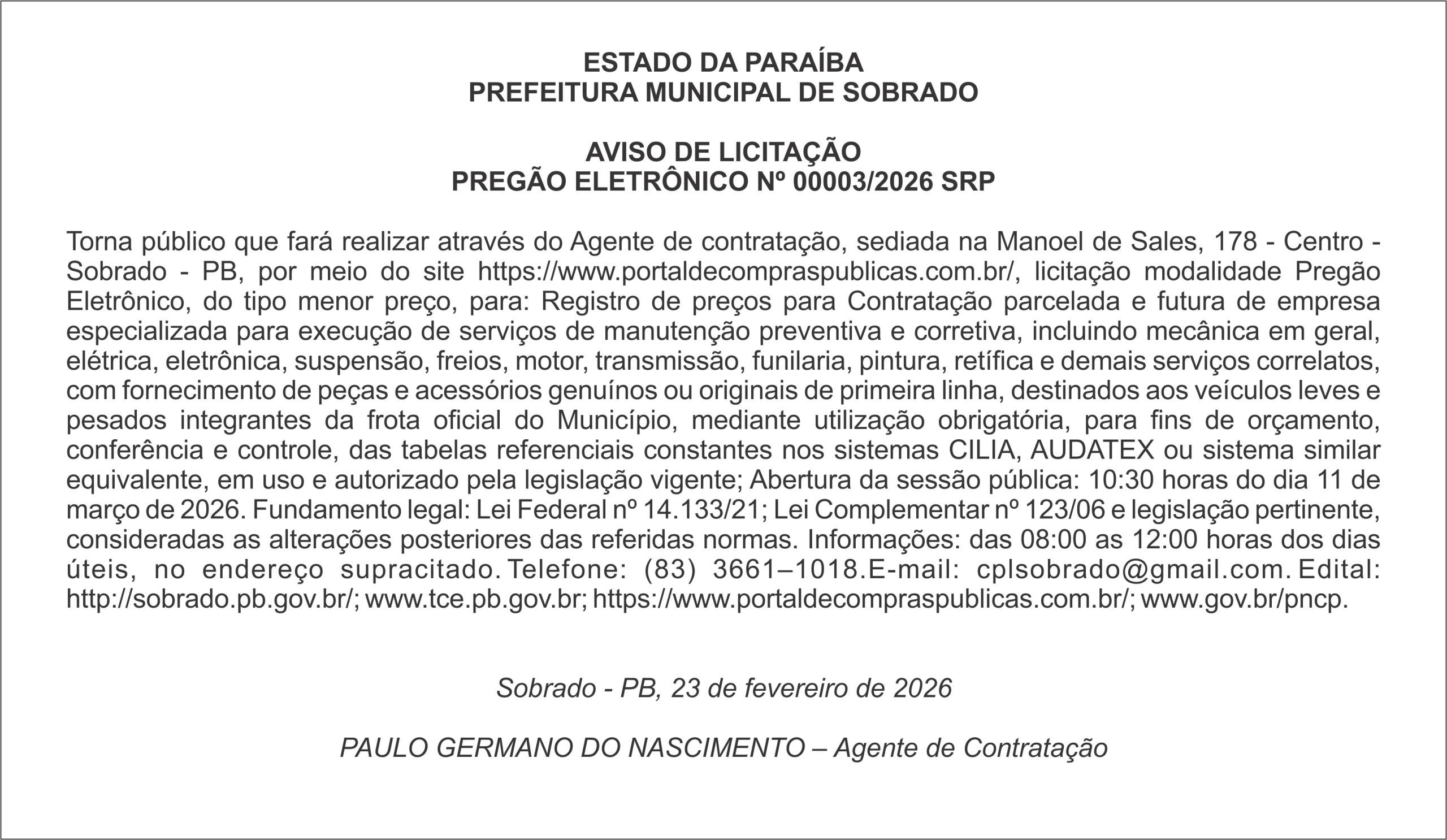 PREFEITURA MUNICIPAL DE SOBRADO – AVISO DE LICITAÇÃO PREGÃO ELETRÔNICO Nº 00003/2026 SRP