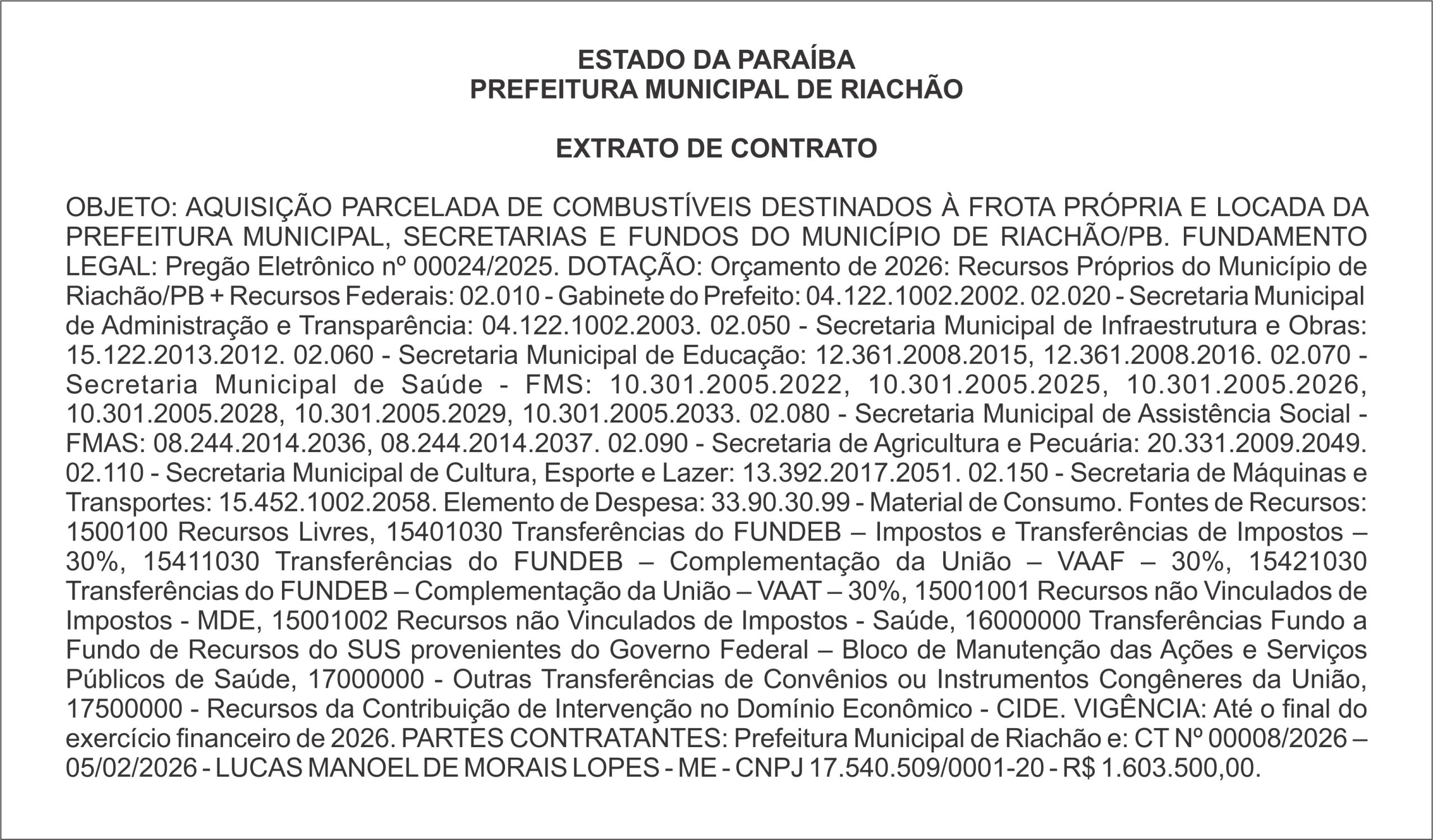 PREFEITURA MUNICIPAL DE RIACHÃO – EXTRATO DE CONTRATO