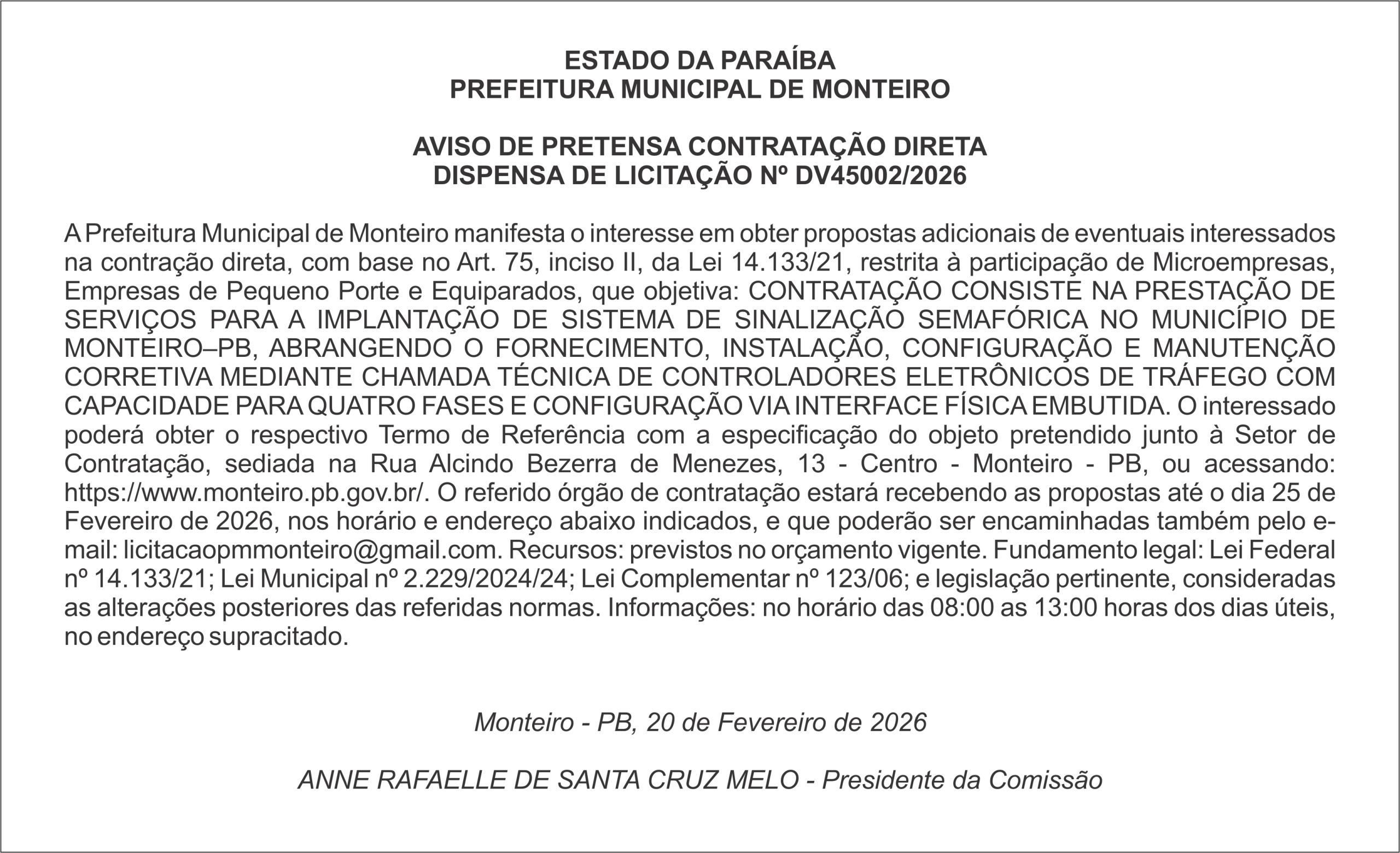 PREFEITURA MUNICIPAL DE MONTEIRO – AVISO DE PRETENSA CONTRATAÇÃO DIRETA – DISPENSA DE LICITAÇÃO Nº DV45002/2026