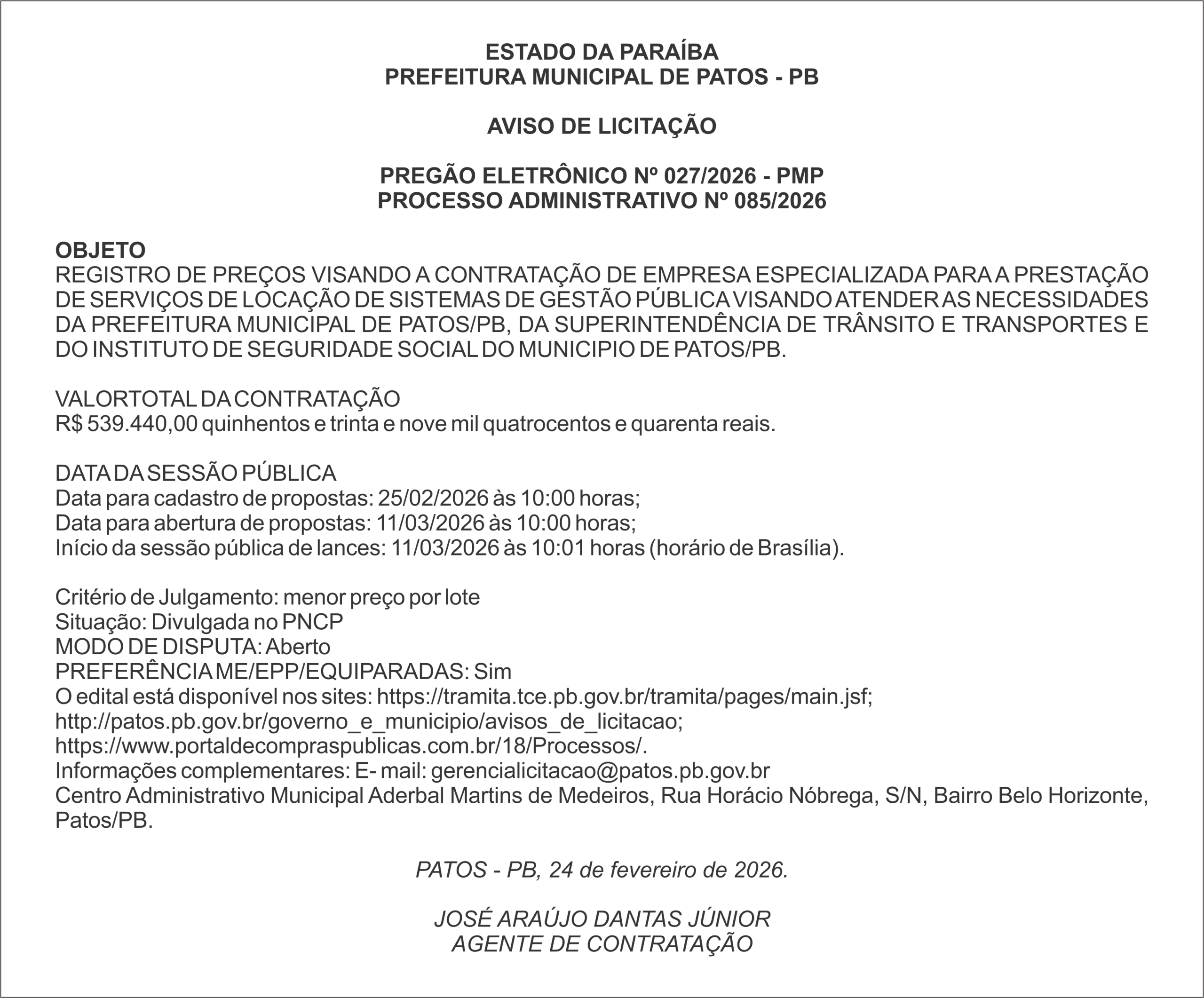PREFEITURA MUNICIPAL DE PATOS – PB – PREGÃO ELETRÔNICO Nº 027/2026 – PMP
