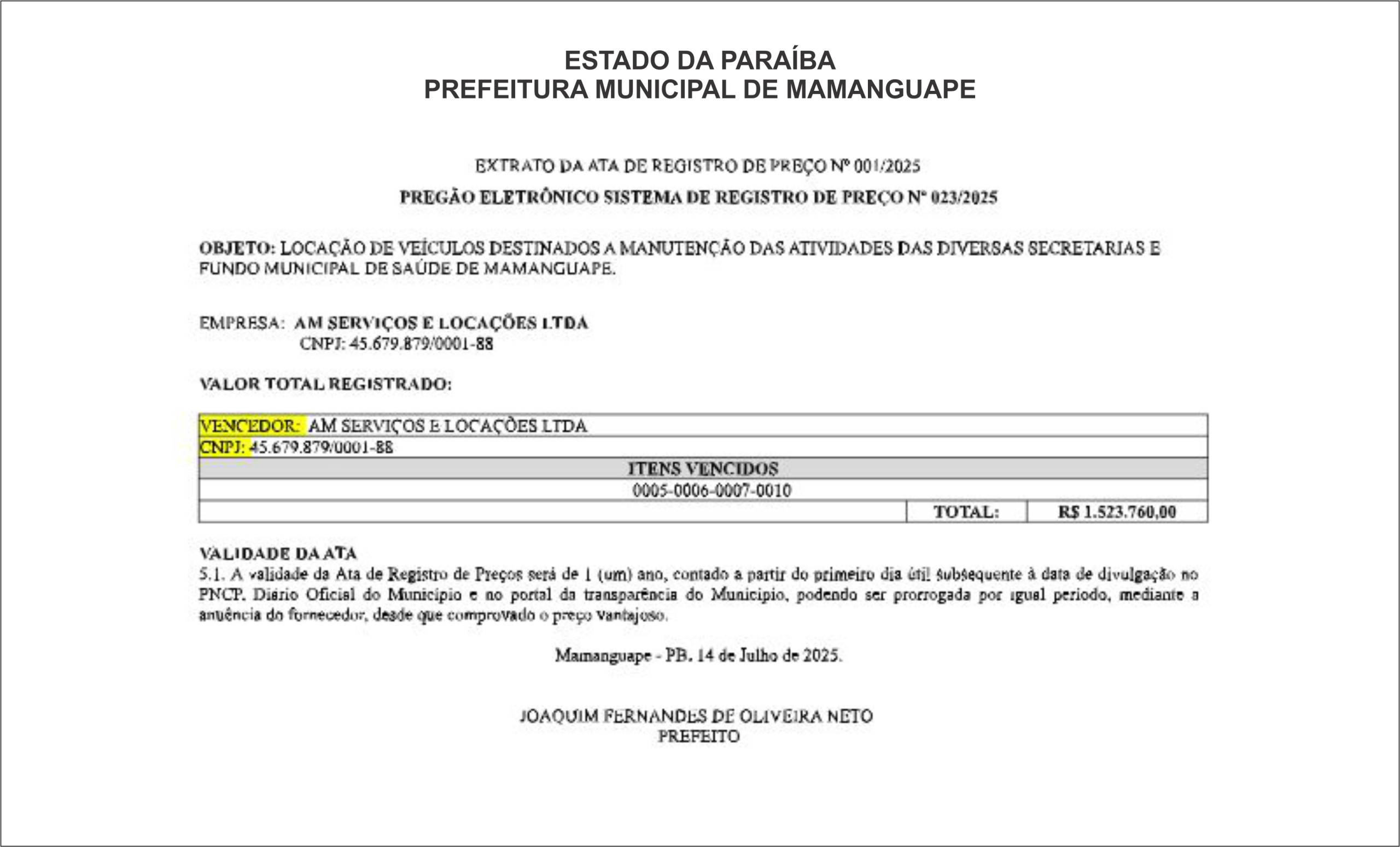 PREFEITURA DE MAMANGUAPE – EXTRATO DA ATA DE REGISTRO DE PREÇO Nº 001/2025