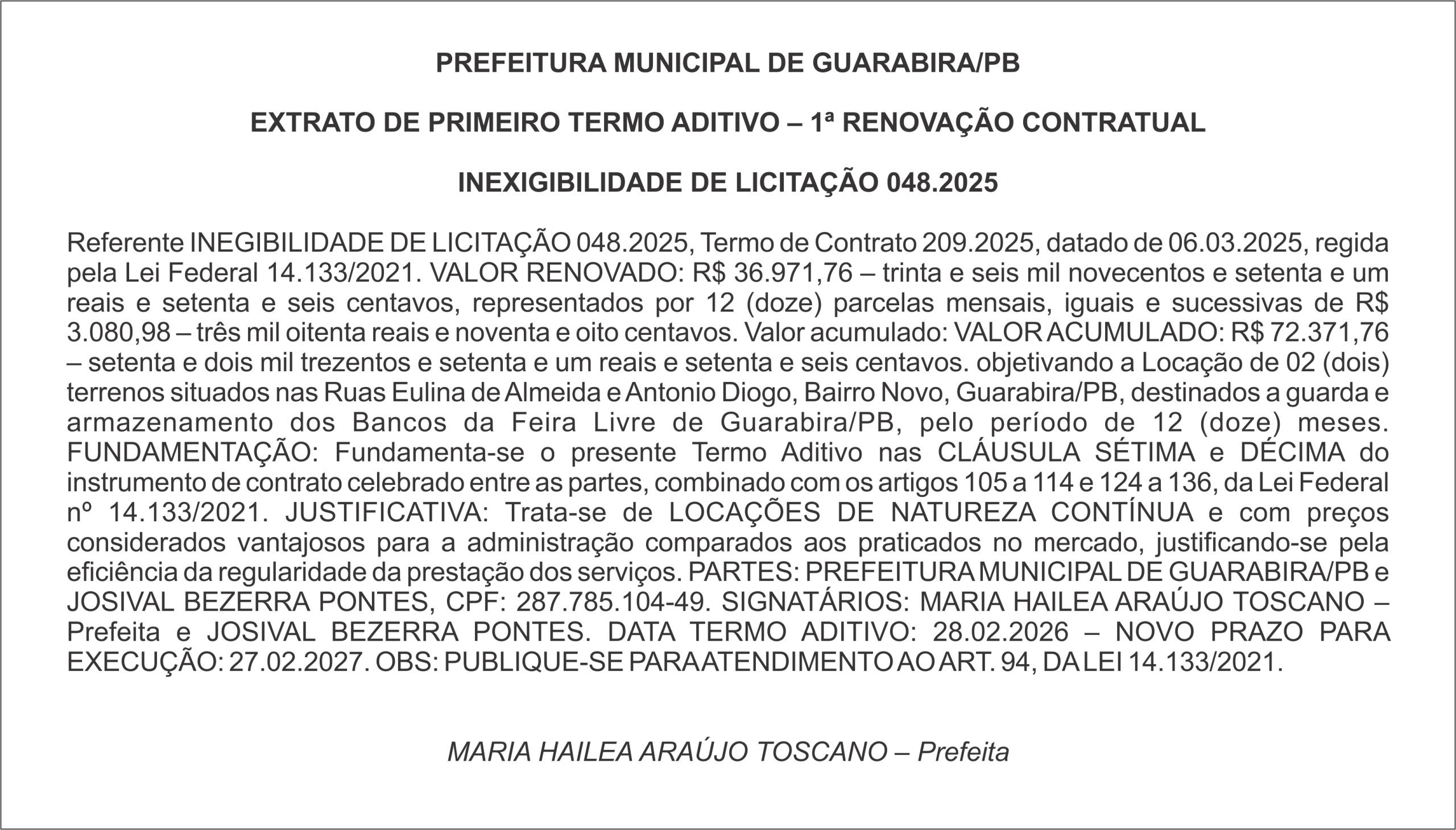 PREFEITURA MUNICIPAL DE GUARABIRA/PB – EXTRATO DE PRIMEIRO TERMO ADITIVO