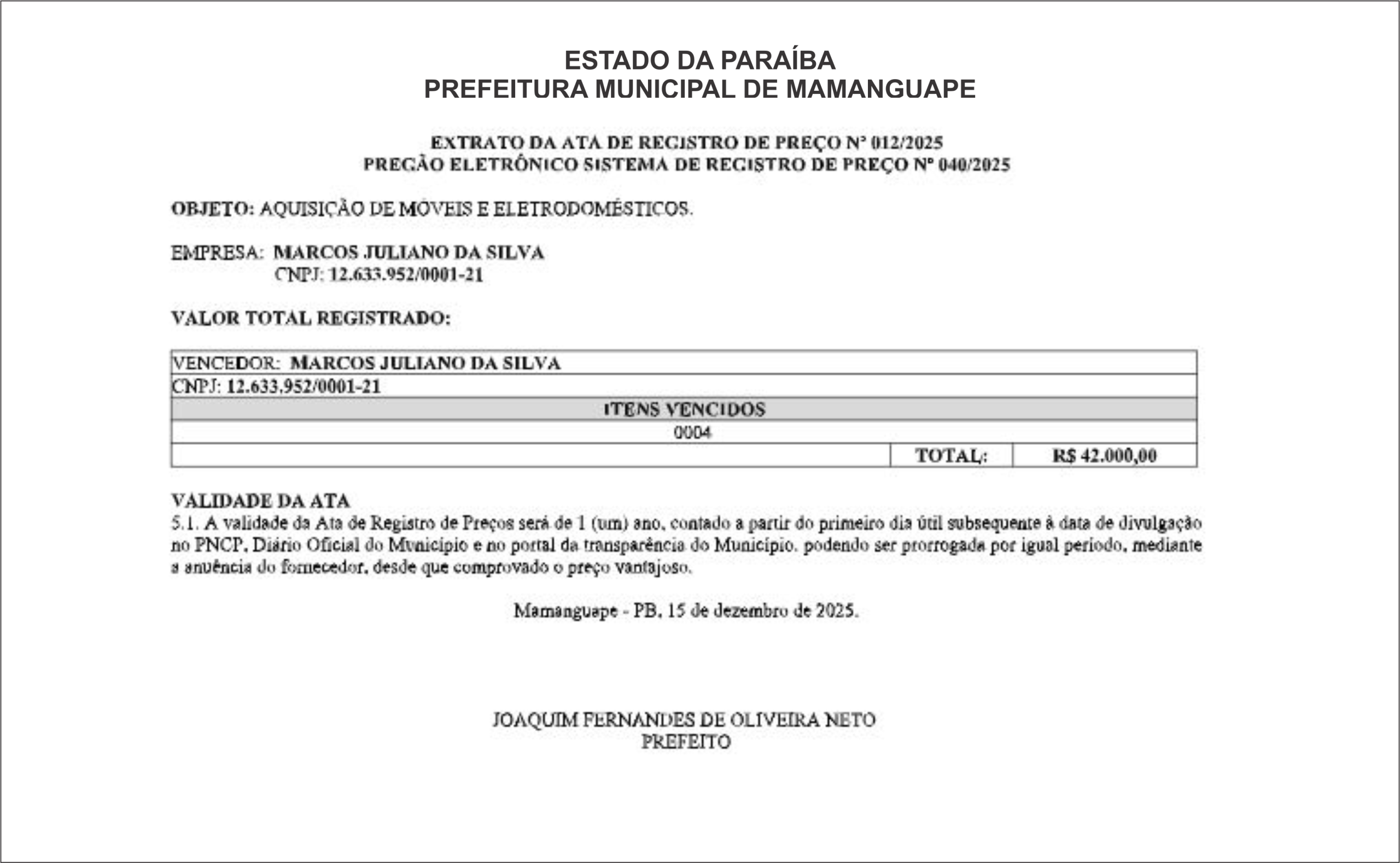 PREFEITURA MUNICIPAL DE MAMANGUAPE – EXTRATO DA ATA DE REGISTRO DE PREÇO Nº 012/2025