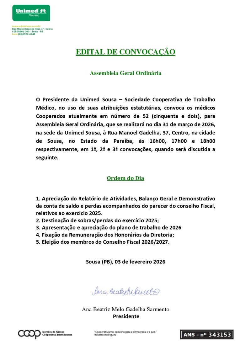 UNIMED SOUSA-PB – EDITAL DE CONVOCAÇÃO – ASSEMBLEIA GERAL ORDINÁRIA