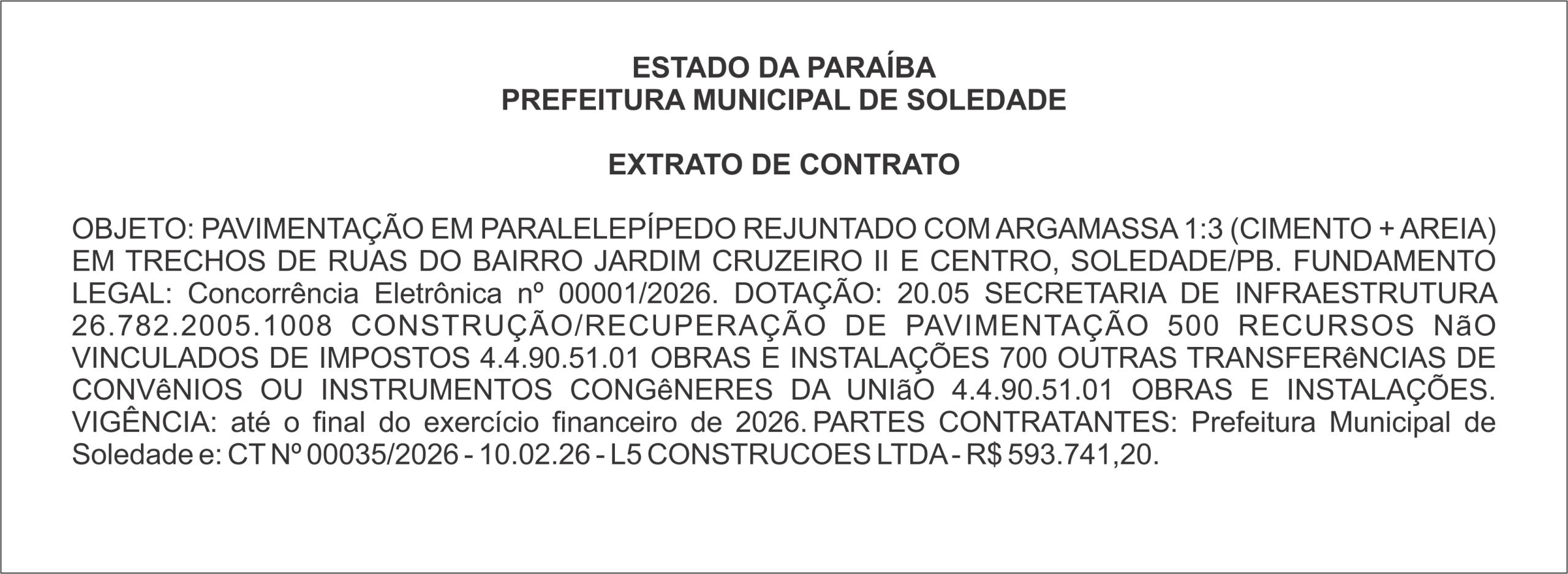 PREFEITURA MUNICIPAL DE SOLEDADE – EXTRATO DE CONTRATO