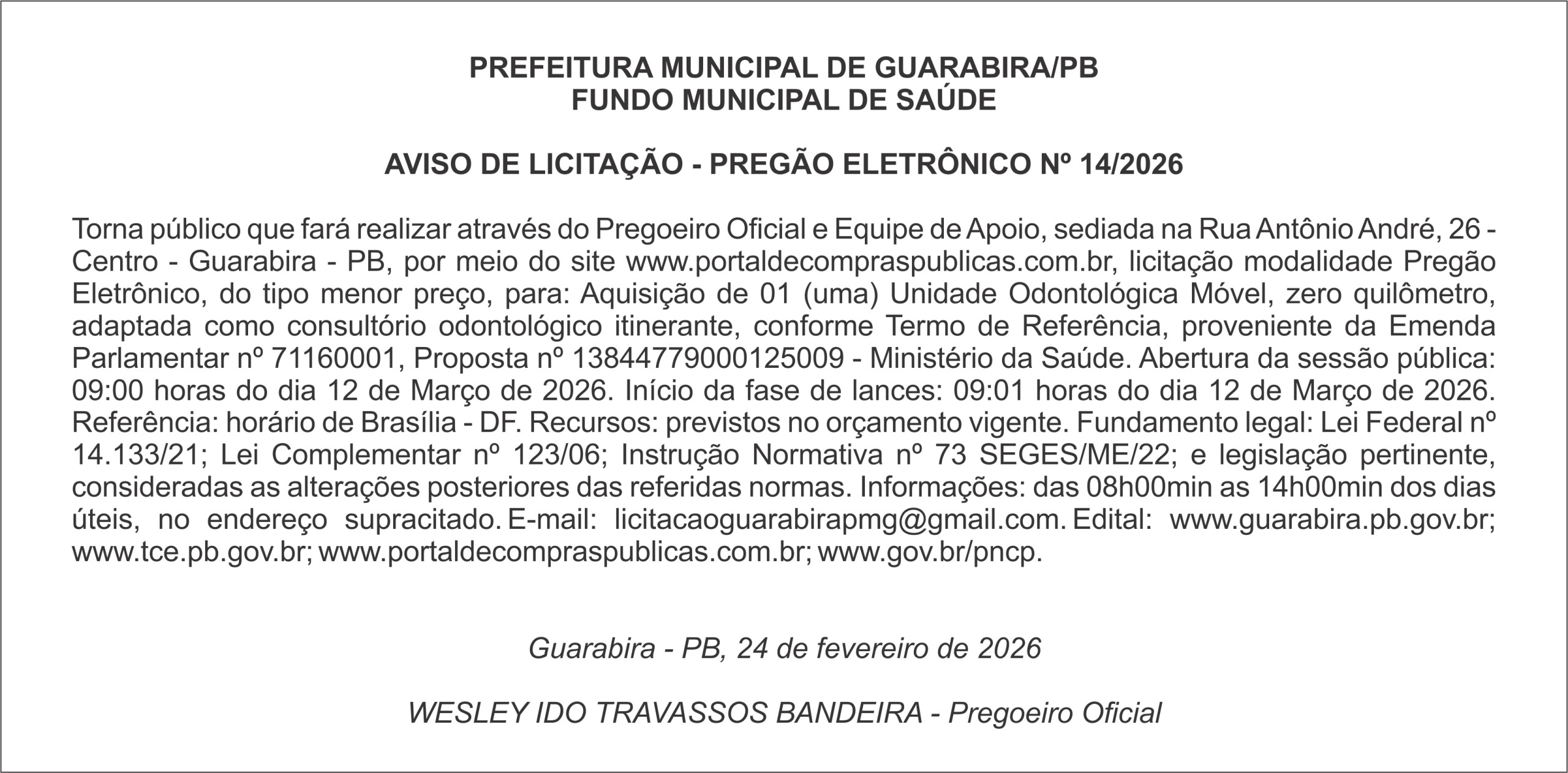 PREFEITURA MUNICIPAL DE GUARABIRA/PB FUNDO MUNICIPAL DE SAÚDE  AVISO DE LICITAÇÃO – PREGÃO ELETRÔNICO Nº 14/2026