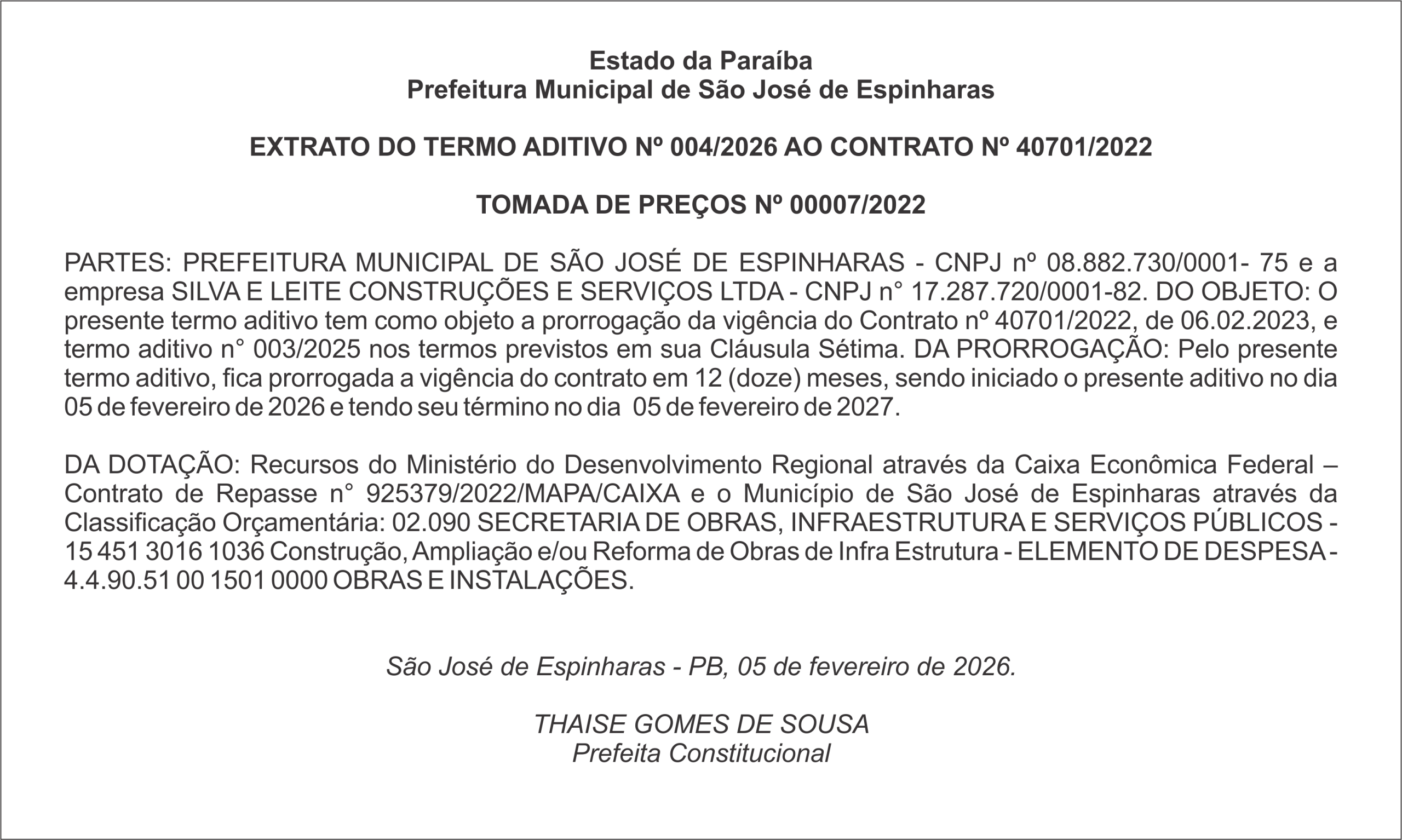PREFEITURA DE SÃO JOSÉ DE ESPINHARAS – EXTRATO DO TERMO ADITIVO Nº 004/2026 AO CONTRATO Nº 40701/2022
