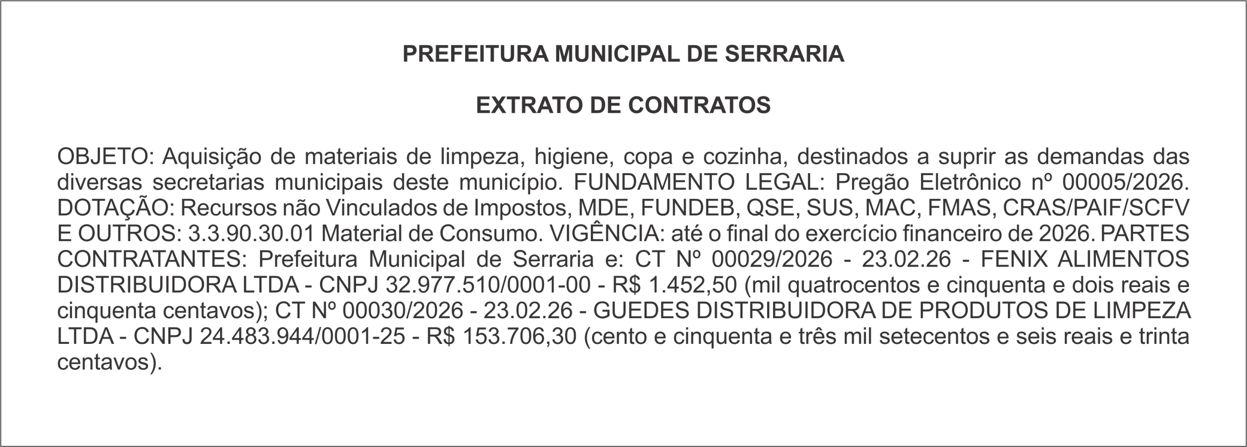 PREFEITURA MUNICIPAL DE SERRARIA – EXTRATO DE CONTRATOS