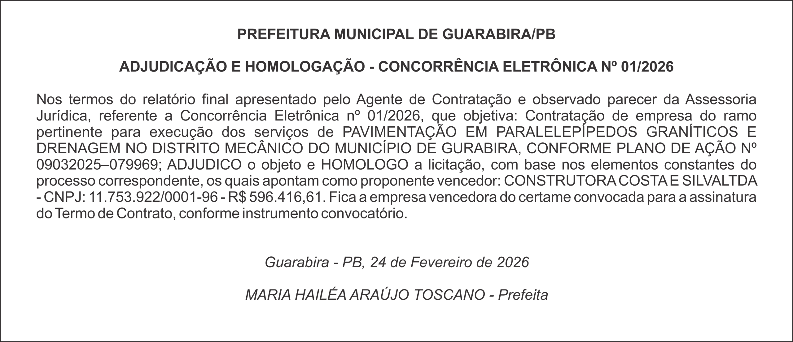 PREFEITURA MUNICIPAL DE GUARABIRA/PB – ADJUDICAÇÃO E HOMOLOGAÇÃO – CONCORRÊNCIA ELETRÔNICA Nº 01/2026