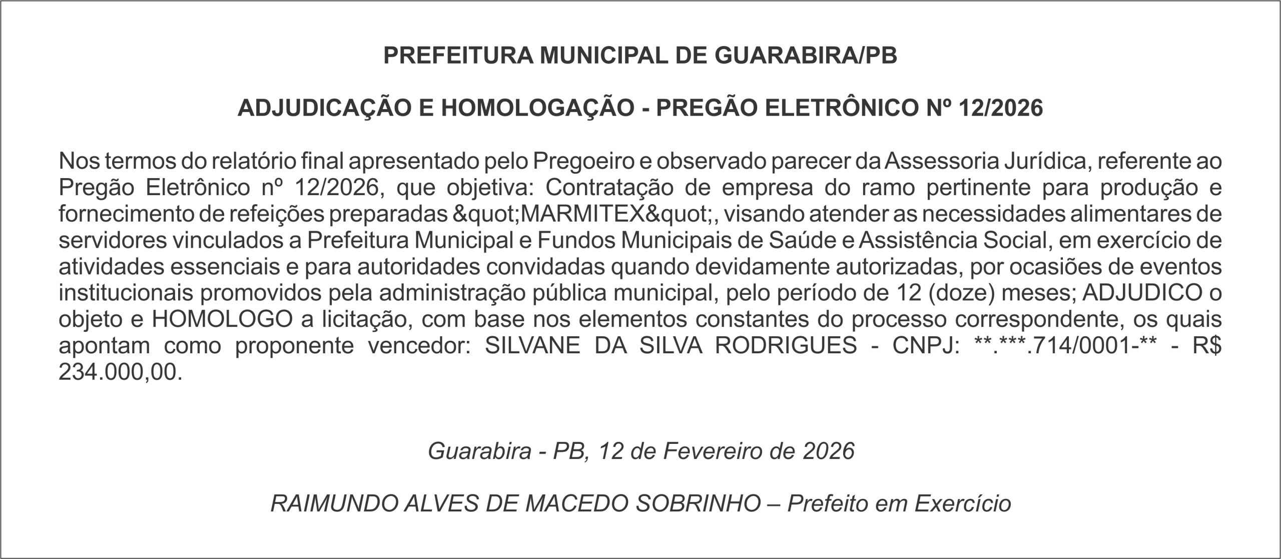 PREFEITURA MUNICIPAL DE GUARABIRA/PB – ADJUDICAÇÃO E HOMOLOGAÇÃO – PREGÃO ELETRÔNICO Nº 12/2026