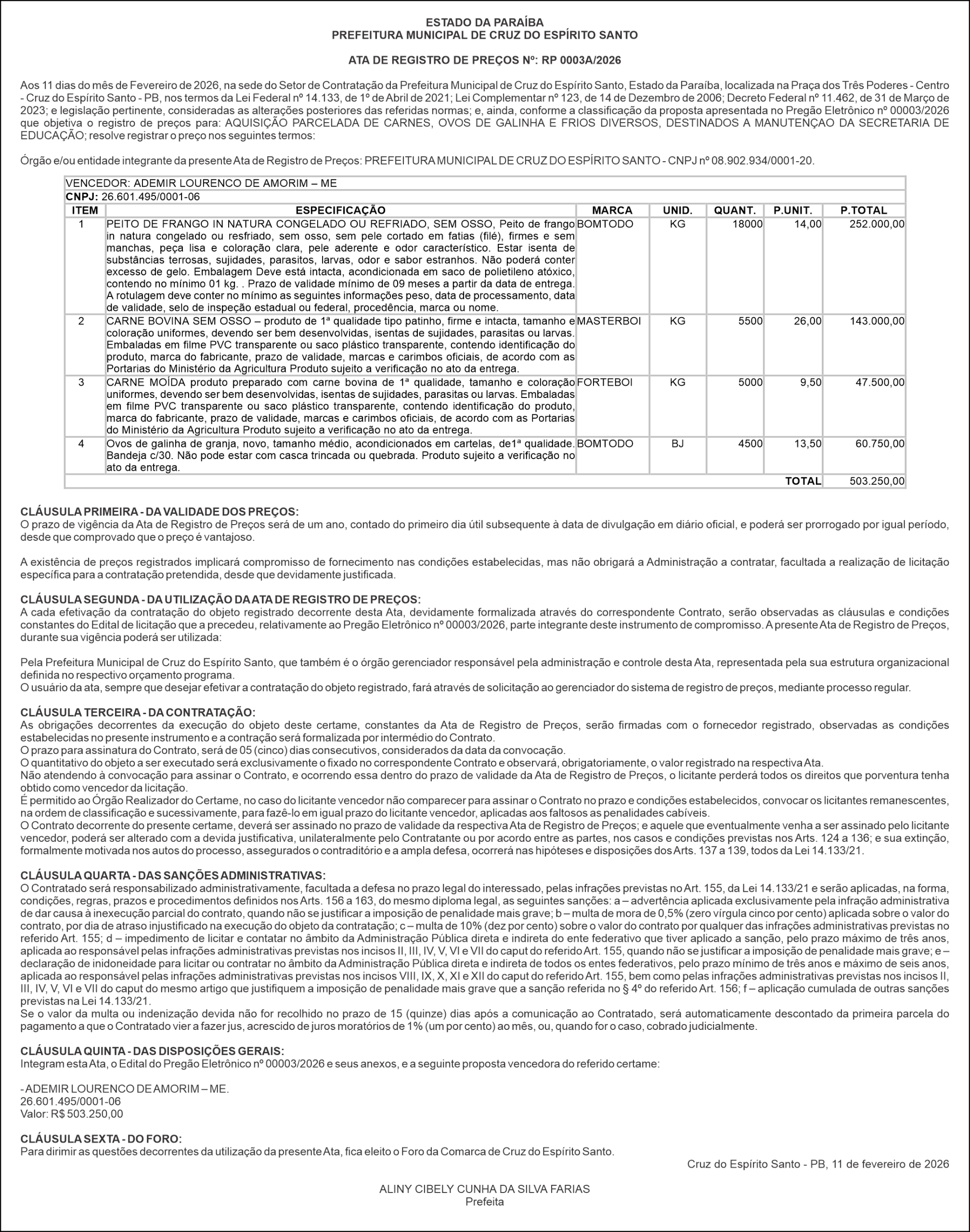 PREFEITURA MUNICIPAL DE CRUZ DO ESPÍRITO SANTO – ATA DE REGISTRO DE PREÇOS Nº: RP 0003A/2026