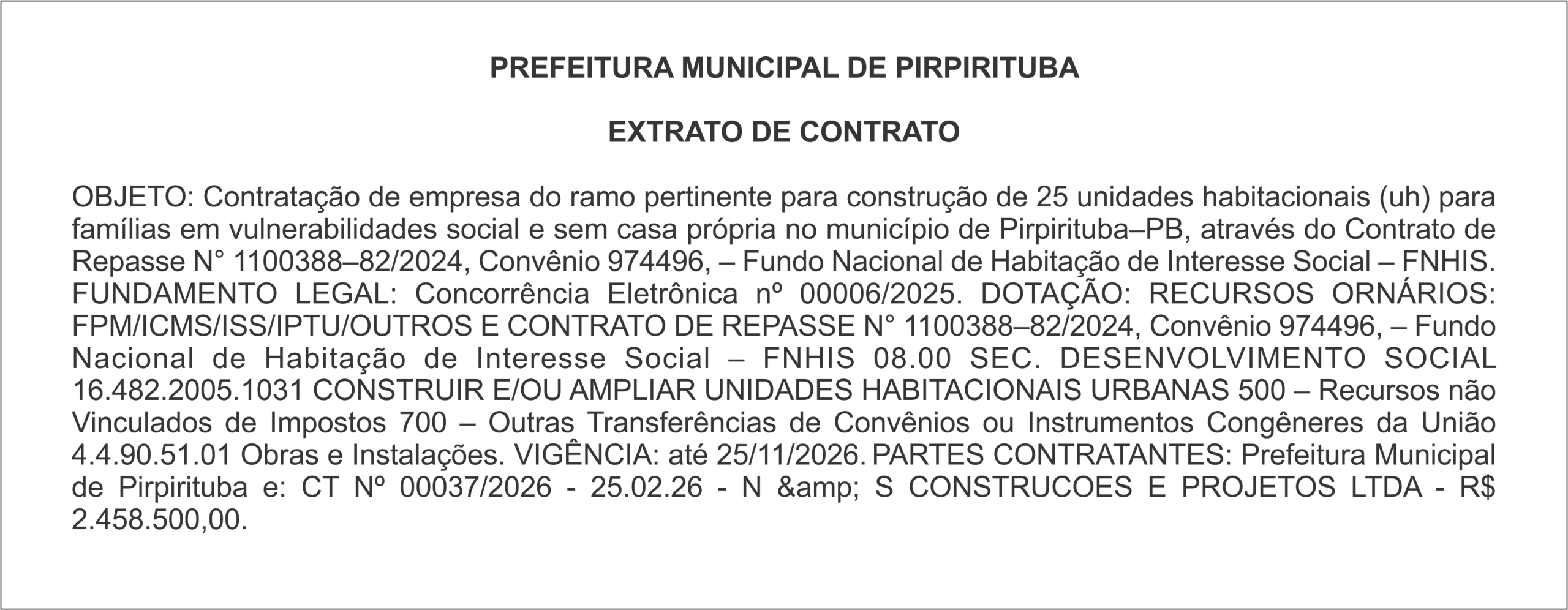 PREFEITURA MUNICIPAL DE PIRPIRITUBA – EXTRATO DE CONTRATO