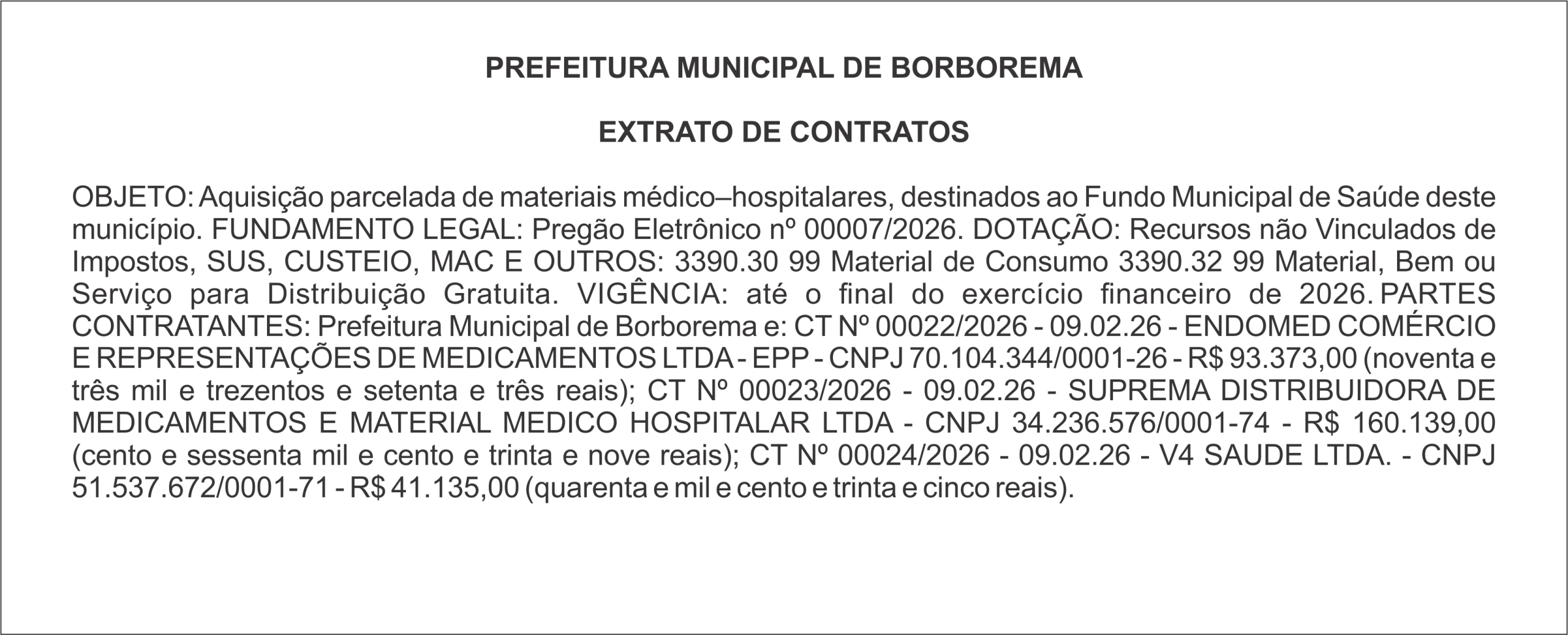 PREFEITURA MUNICIPAL DE BORBOREMA – EXTRATO DE CONTRATOS