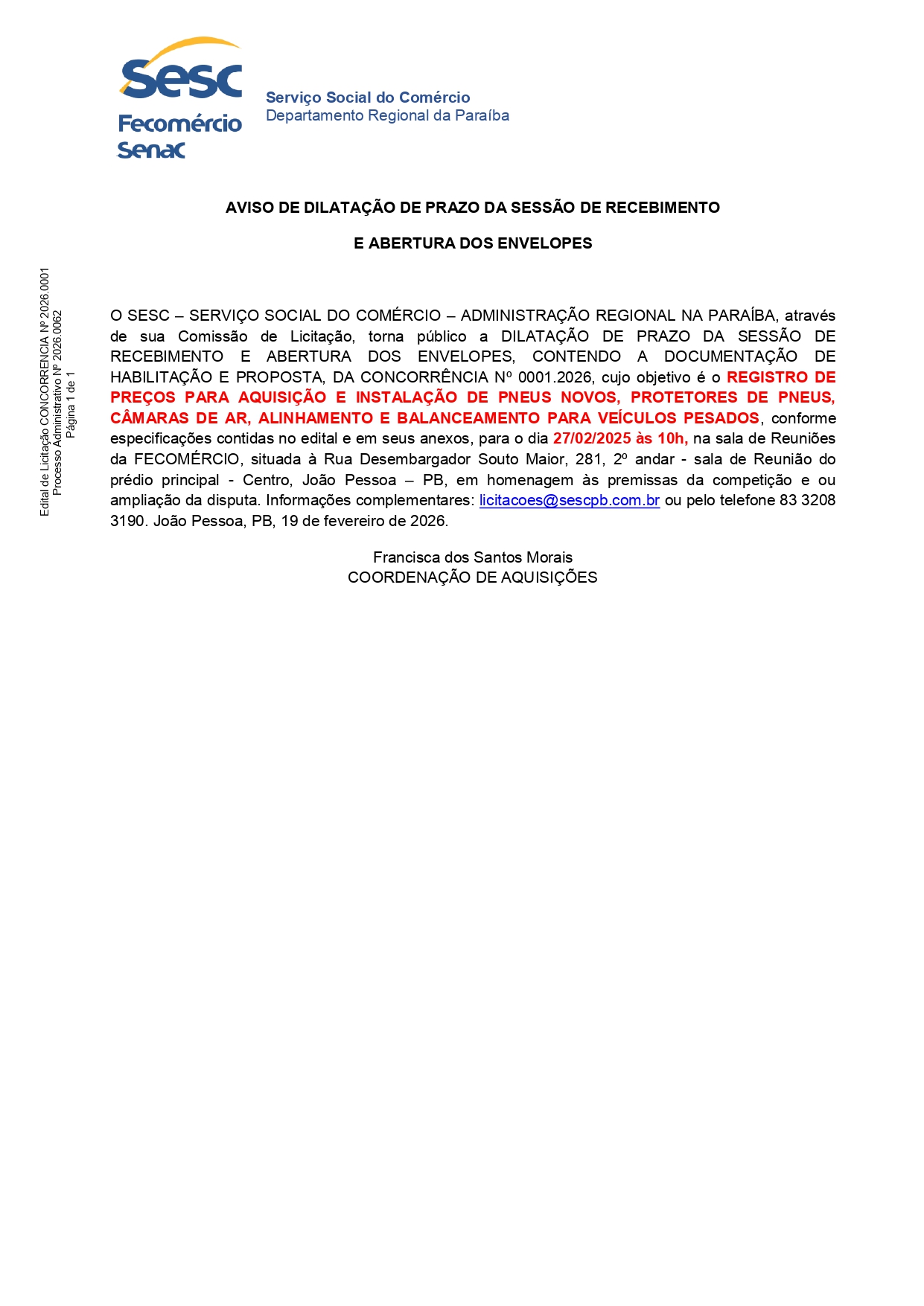 SESC – AVISO DE DILATAÇÃO DE PRAZO DA SESSÃO DE RECEBIMENTO E ABERTURA DOS ENVELOPES